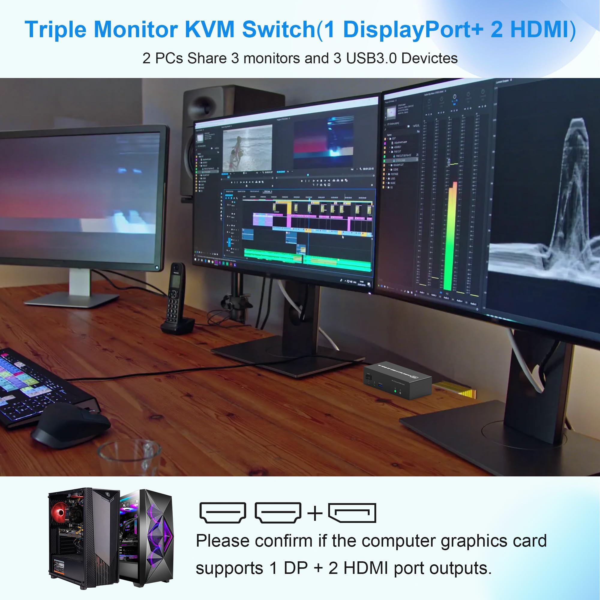 4K@60Hz Triple Monitor KVM Switch for 2 Computers - 2 HDMI & DisplayPort, USB 3.0 Hub, Audio/Mic Port - Share 3 Monitors Between 2 PCs - Ideal for Home Office, Gaming & Multi-Tasking Workstations