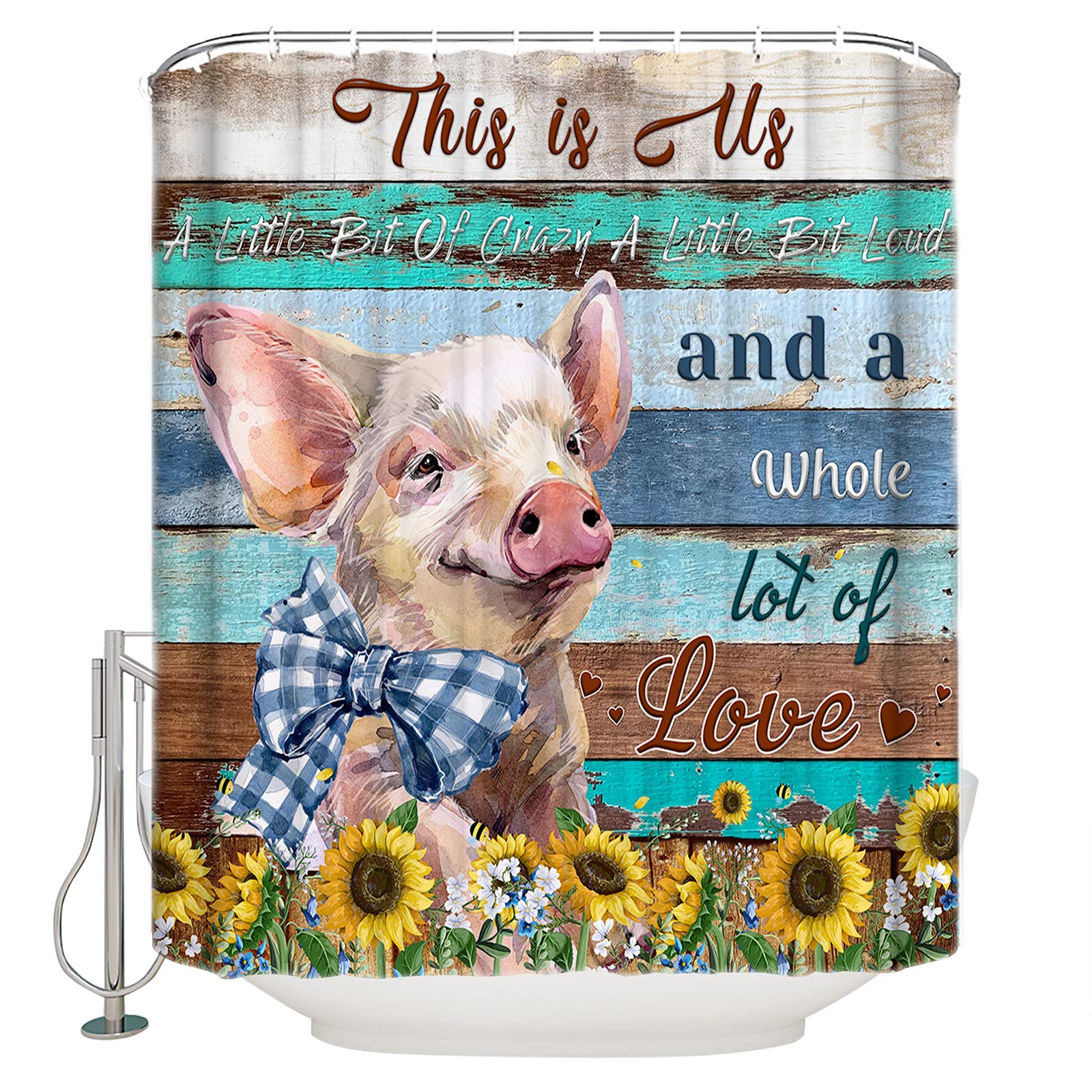ZOE GARDEN Farm Animal Pig Shower Curtain Set 48x72 Inch - Rustic Teal Wood Grain Watercolor Design, Waterproof Polyester Fabric Bathroom Decor with Hooks - Perfect for Farmhouse, Cottage & Vintage Style Bathrooms