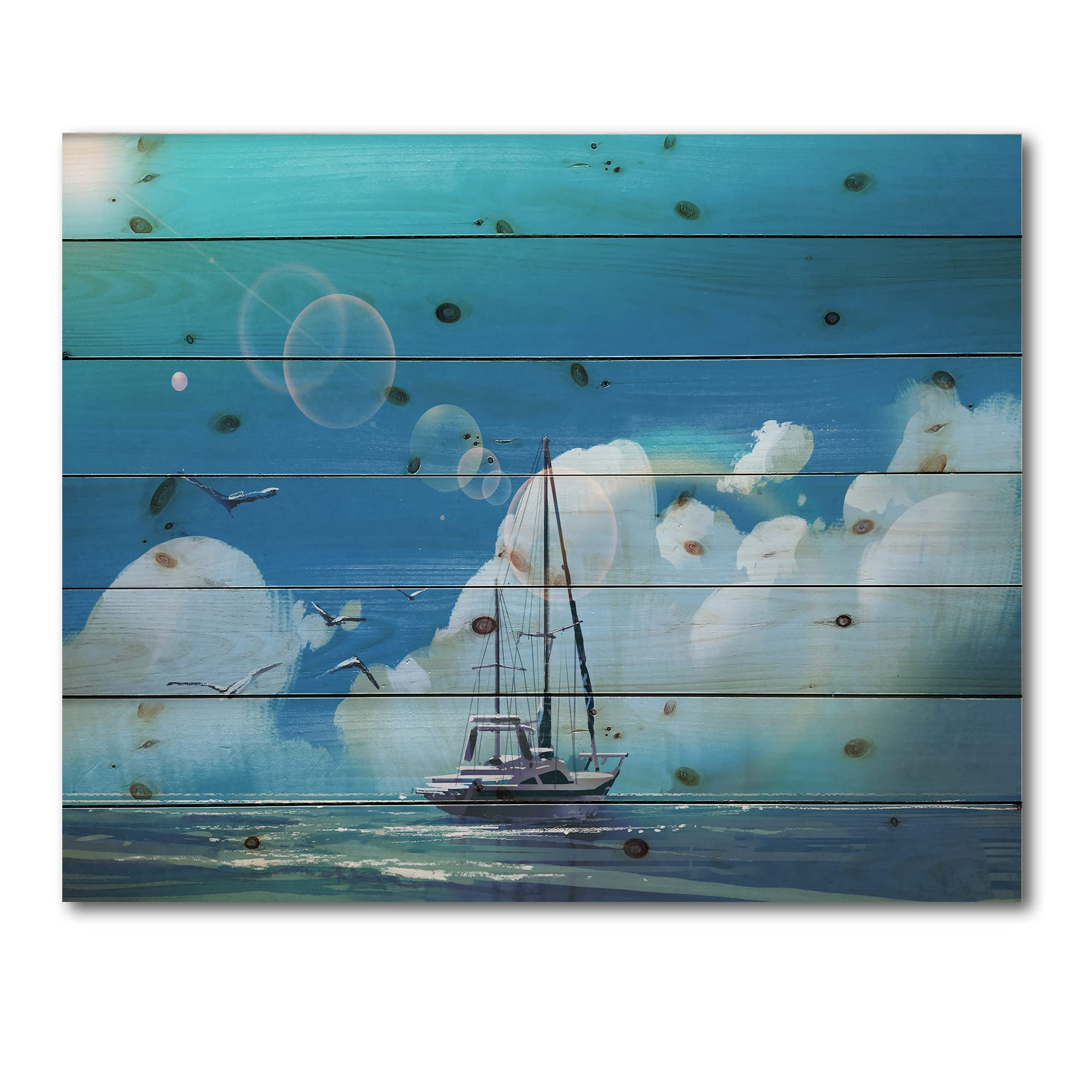 Nautical Sailboat Wood Wall Art - Blue Sea & Summer Sky Coastal Decor, Large Landscape Pine Wood Panel Print for Living Room, Bedroom, or Office