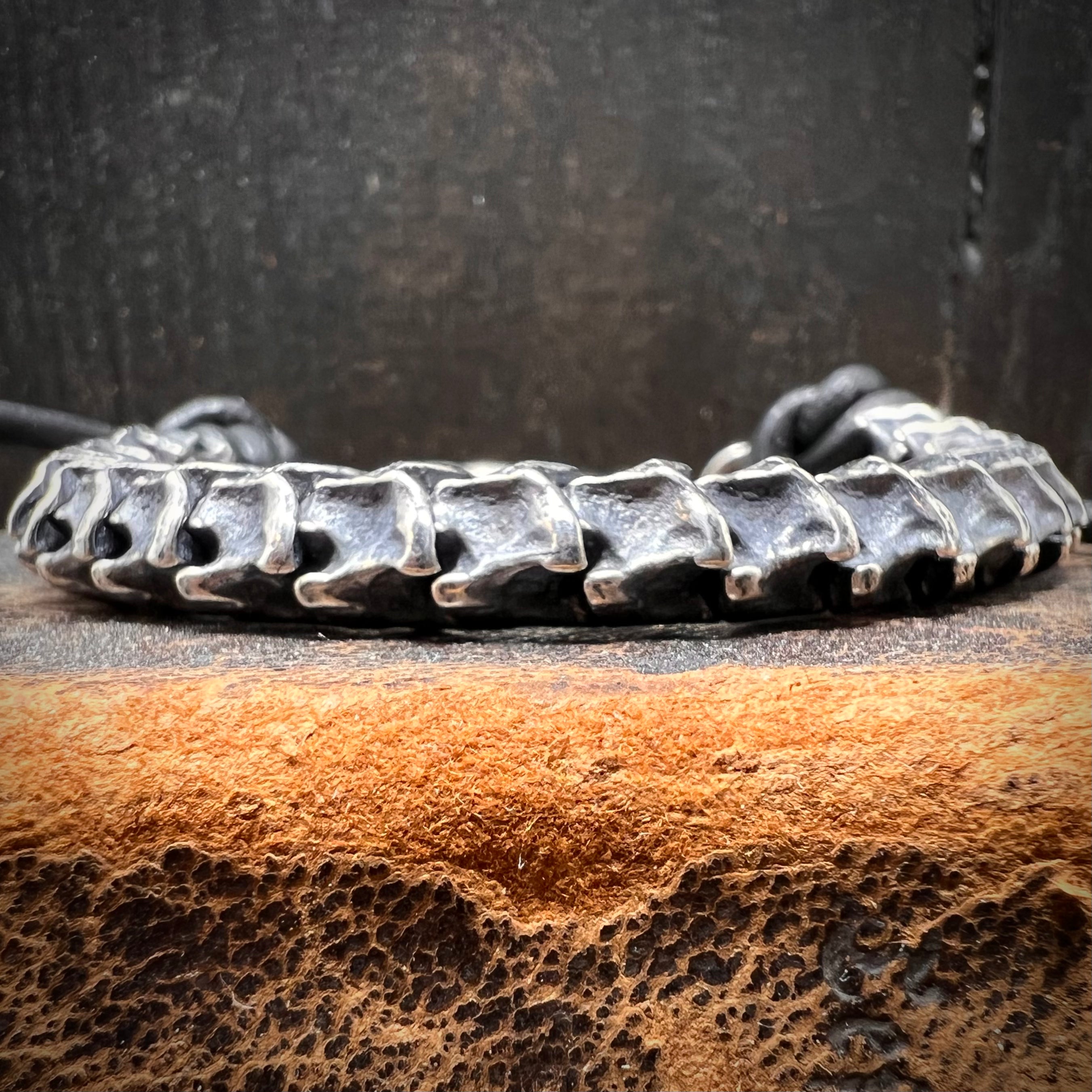 Sterling Silver Vertebrae Leather Bracelet for Women - Adjustable Gothic Punk Jewelry - Perfect for Halloween, Parties & Everyday Wear