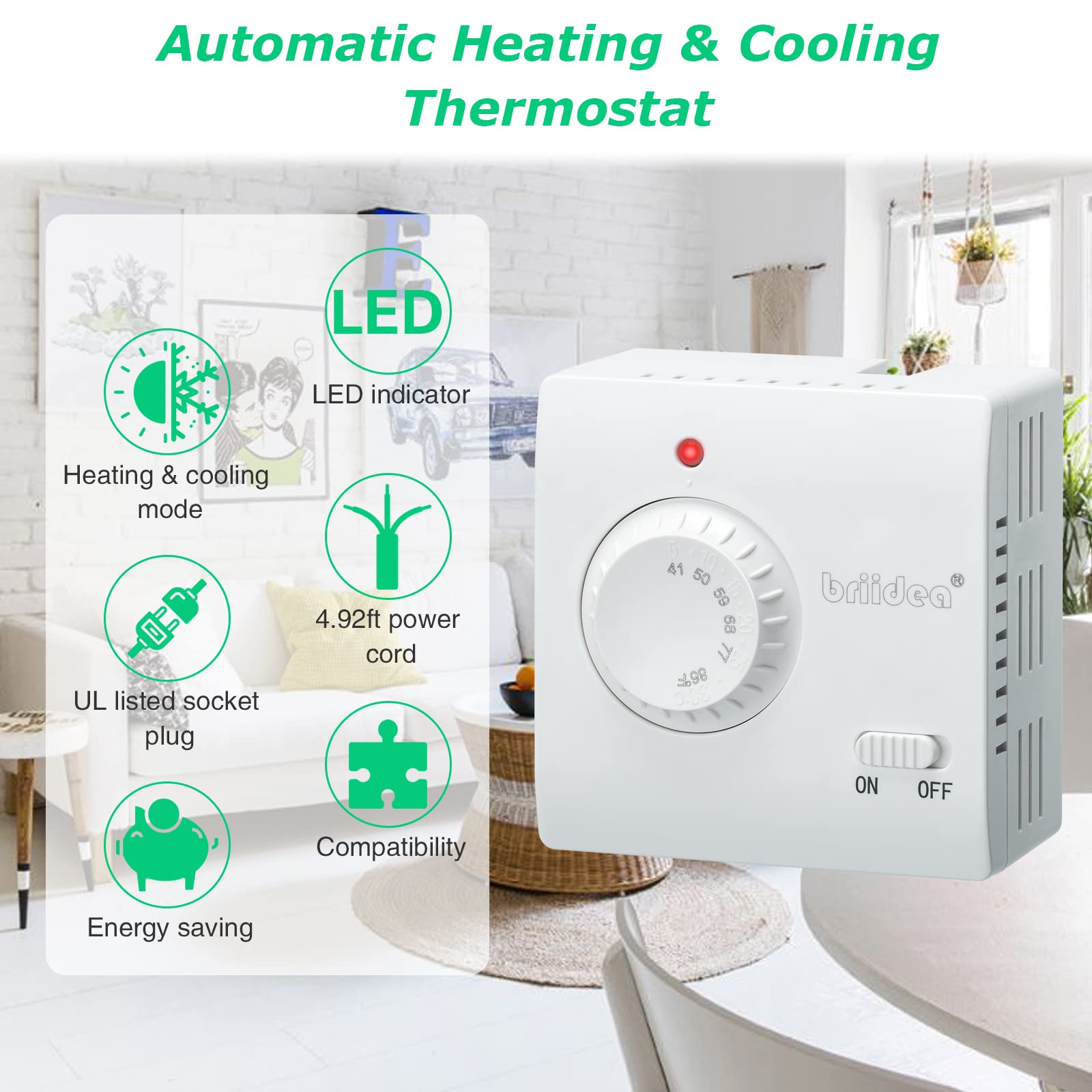 Briidea Adjustable Plug-in Thermostat for Heating & Cooling - Digital LED Display, Compatible with Space Heaters, AC Units, Fans - Perfect for Home, Reptile Tanks & Greenhouses (Energy Saving Temperature Control)