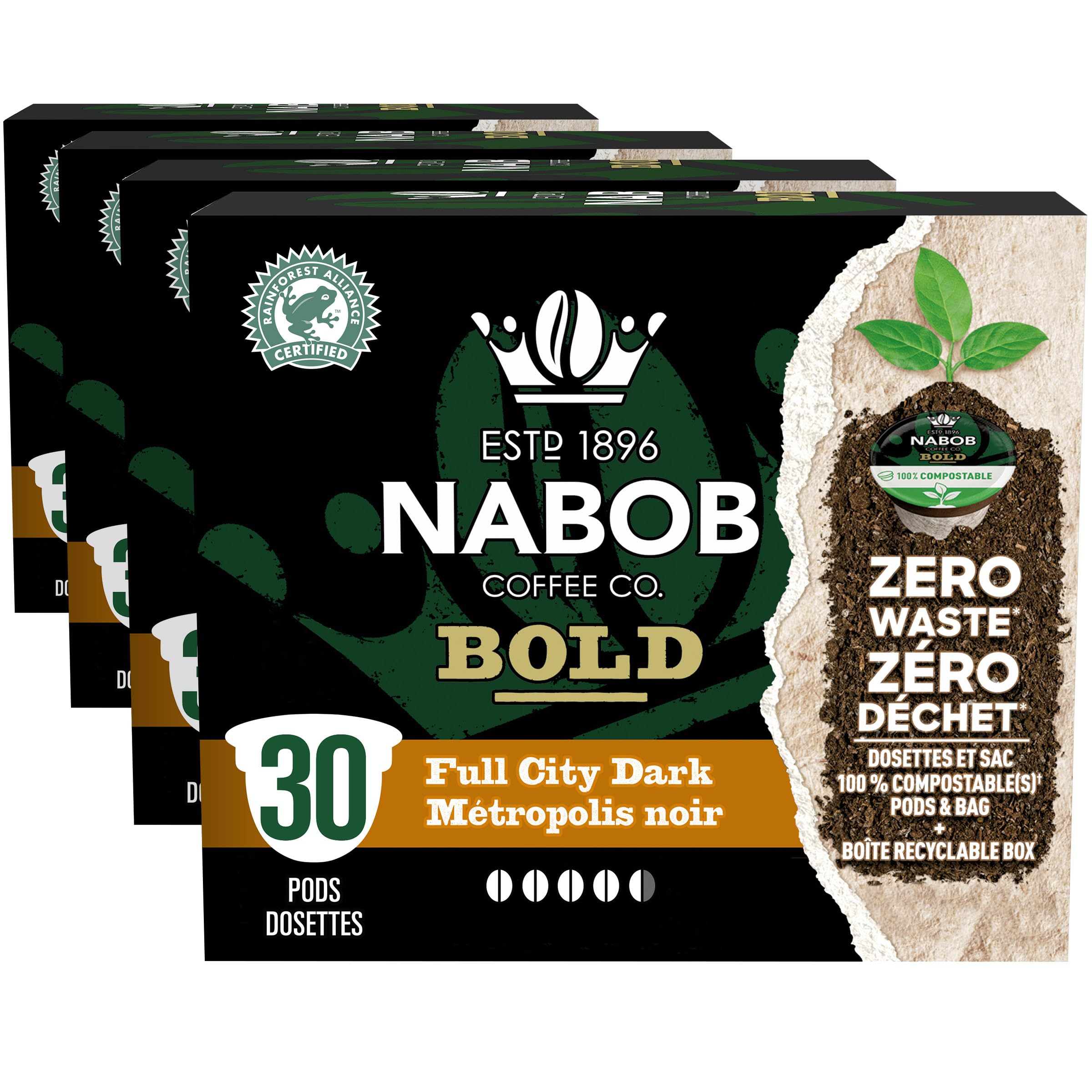 Nabob Full City Dark Roast Coffee Pods - 100% Compostable, 120 Count (4 Boxes of 30) - Premium Canadian Import - Perfect for Keurig Machines & Eco-Conscious Coffee Lovers