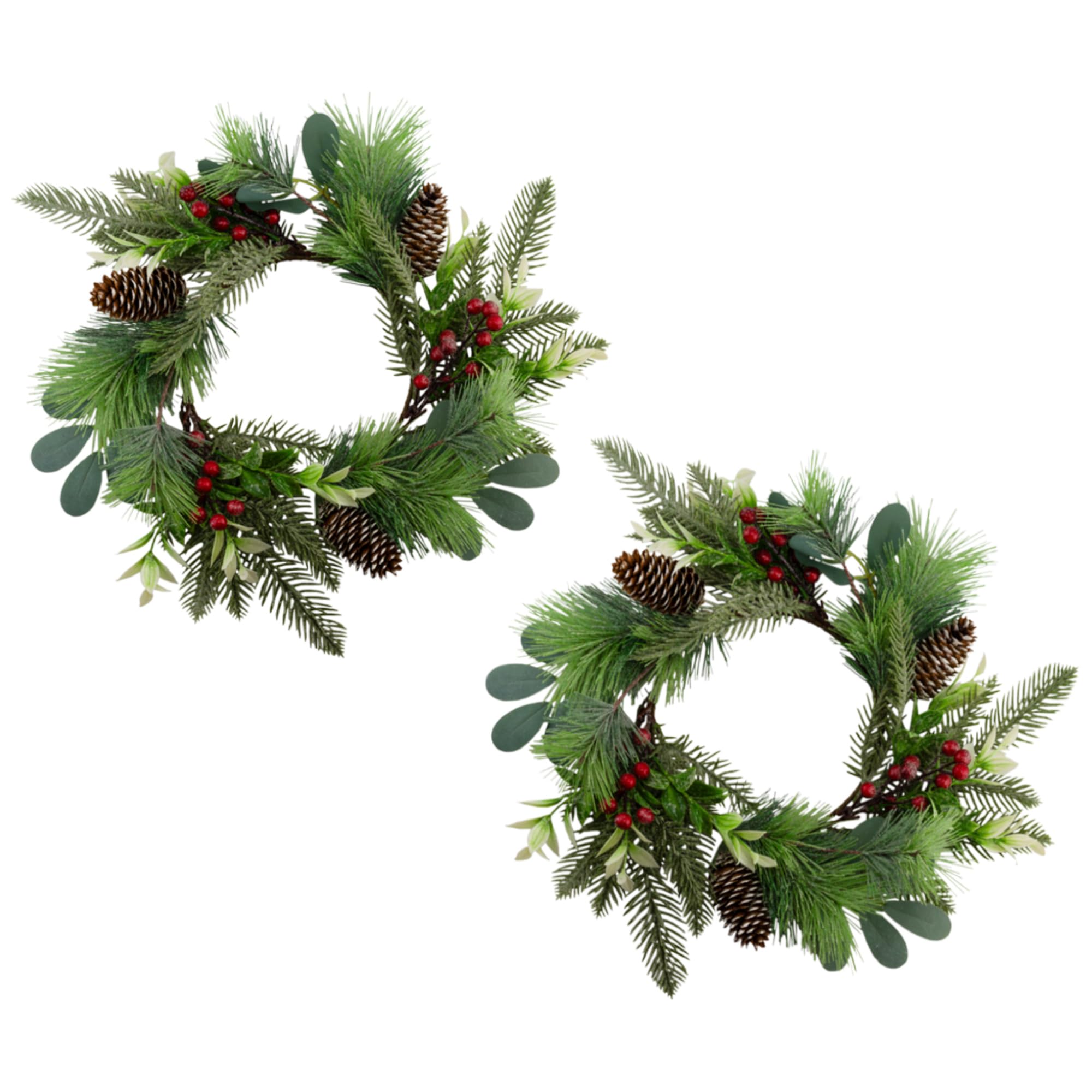 AuldHome Christmas Greenery Candle Wreaths (2-Pack, Evergreen) - Holiday Winter Decorations, Wedding Centerpiece Candle Rings for Fireplace, Table & Door Decor