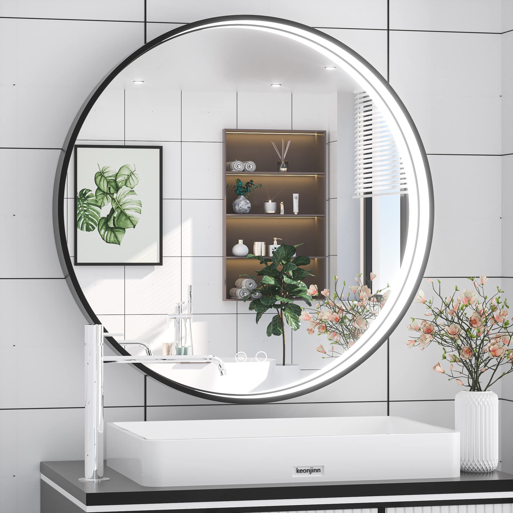 Keonjinn 24 Inch Round LED Bathroom Mirror with Dimmable Frontlit Lights - Black Metal Framed Wall Mirror with Defogging Function - 6000K White Light Vanity Makeup Mirror for Bathroom, Bedroom & Dressing Room