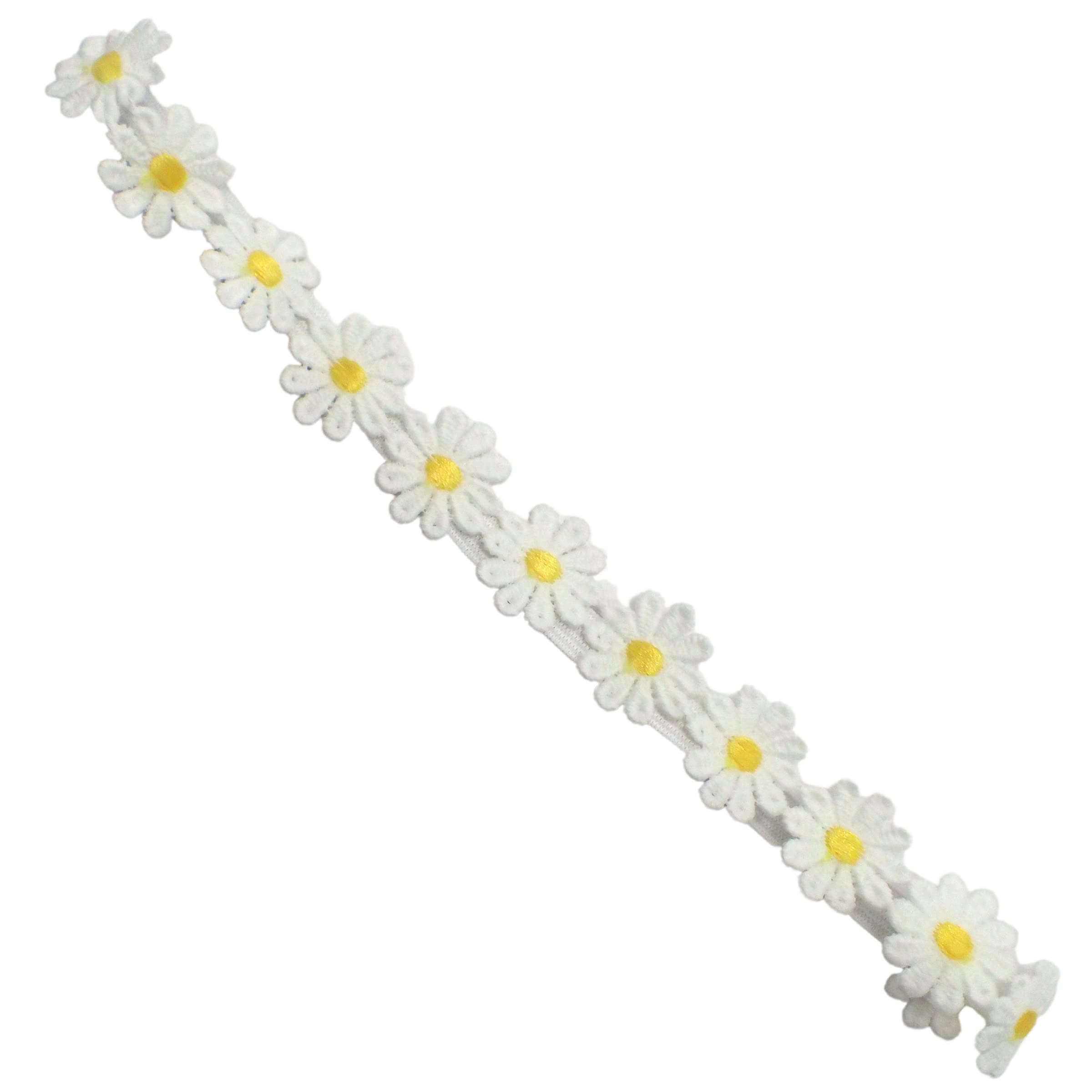 Topkids 70s Hippy Flower Power Knitted Headbands for Women & Girls - Stretchy Elastic Crocheted Daisy Crown Hair Accessories (White/Yellow) - Perfect for Music Festivals, Boho Parties & Vintage Style Outfits