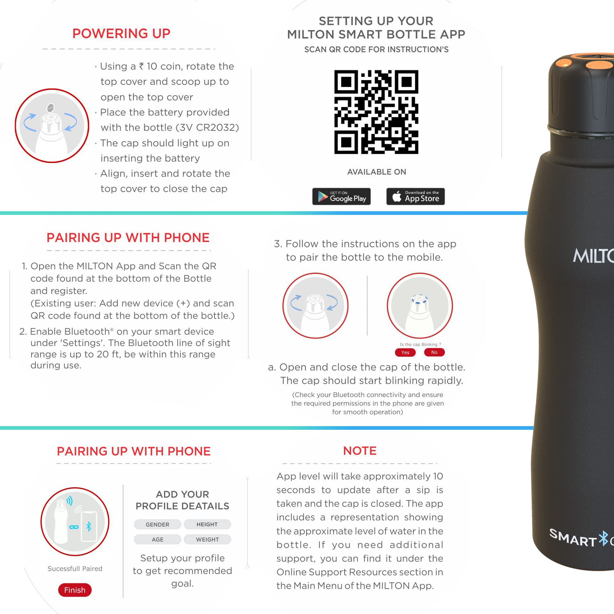 MILTON Euroline Smart Stainless Steel Water Bottle 880ml - Leak Proof, Bluetooth Enabled with Smart Lid - Perfect for Gym, Hiking & Office Use - Black