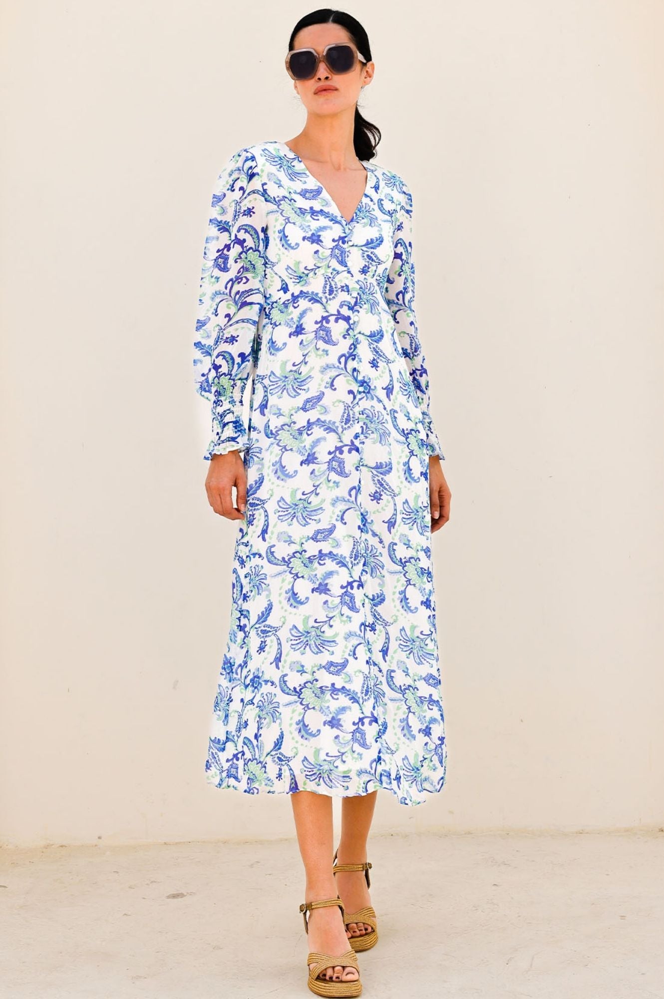 Long Sleeve Sally Anne Dress - Paisley Floral Print in Green & Blue | Elegant Women's Fashion for Parties, Weddings & Special Occasions