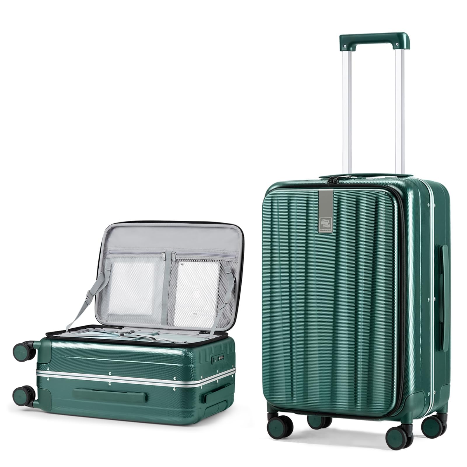 Hanke 20 Inch Carry On Luggage - Aluminum Frame Hard Shell Spinner Suitcase with Front Opening, TSA Lock & 360° Wheels - Perfect for Business Travel & Weekend Getaways (Dark Green)