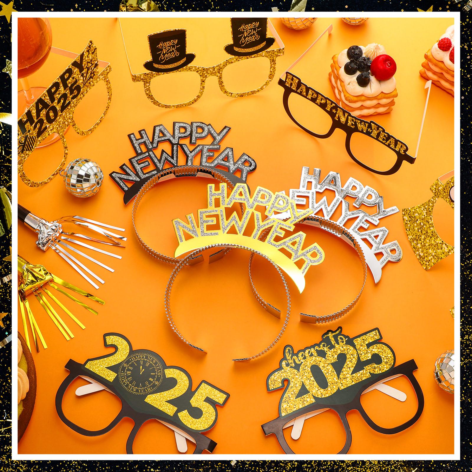 72 Pcs New Years Eve Party Supplies 2025 - Happy New Year Glasses, Headbands, Tiaras & Noise Makers for Countdown Celebration - Perfect for NYE Parties, Ball Drop Events & Festive Gatherings