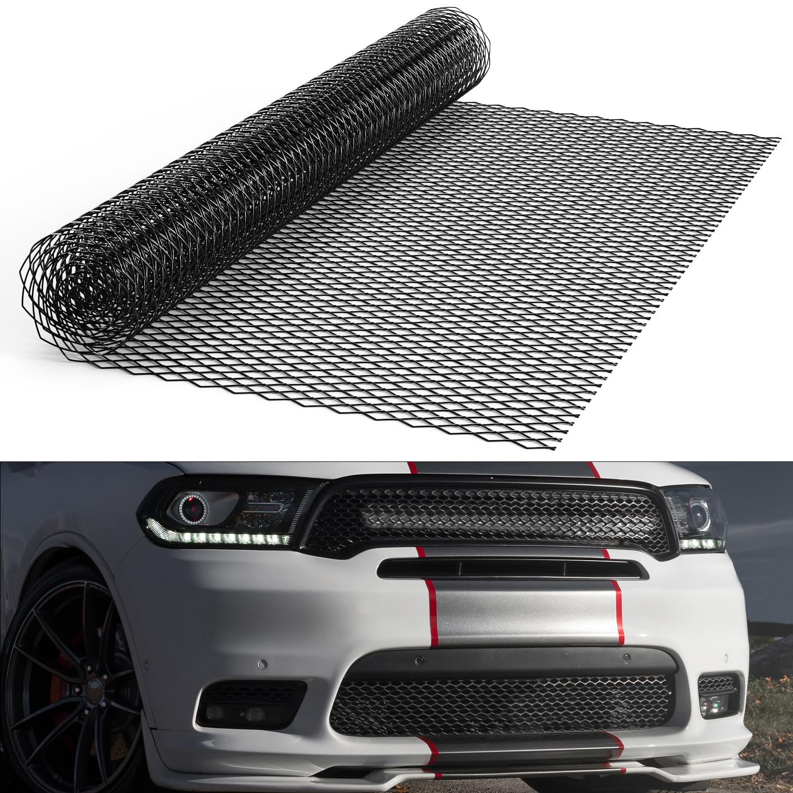 GOSCHE Universal 40x13 Inch Car Grill Mesh - Black Painted Aluminum Alloy Expanded Metal Mesh with 3x6mm Rhombic Holes (100x33cm) - Durable Front Bumper Grill Insert for Automotive Customization & Protection | Perfect for Car Mods, Truck Upgrades & Vehicle Styling