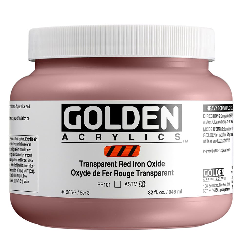 GOLDEN Heavy Body Acrylic Paint - Transparent Red Iron Oxide 32 fl oz (946ml) Professional Artist Grade Acrylics for Canvas Painting, Murals & Fine Art | Vibrant Color for Artists & Hobbyists