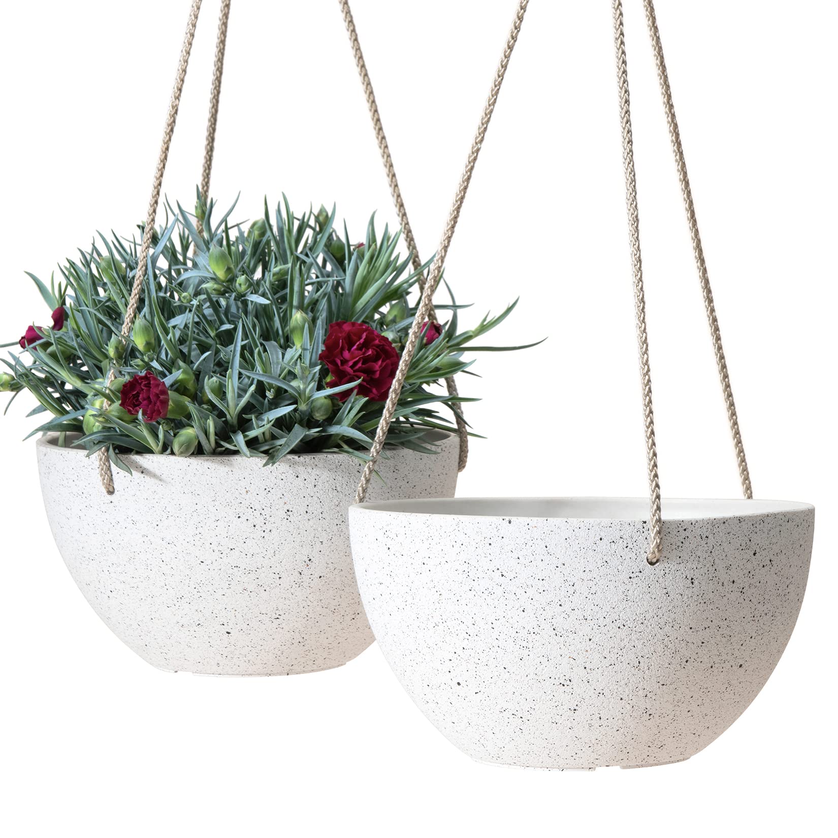Speckled White Hanging Planter - 8 Inch Indoor/Outdoor Plant Basket with Drainage Hole, Set of 2 - Perfect for Patio, Garden, Balcony & Home Decor