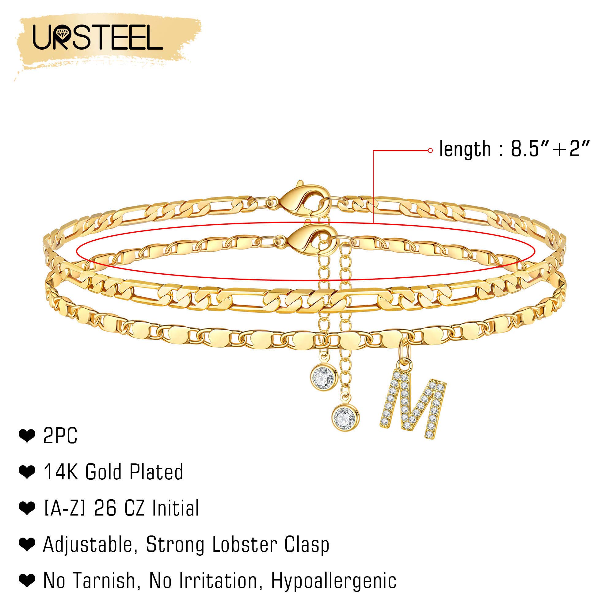 14K Gold Plated Dainty Layered Chain CZ Initial Anklet Set for Women - Adjustable Ankle Bracelets Summer Jewelry Gift - Perfect for Beach Vacations, Weddings & Everyday Wear