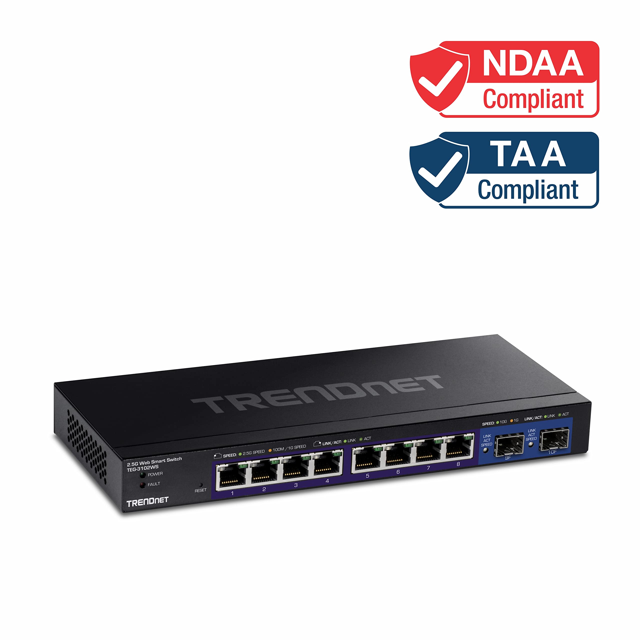 TRENDnet TEG-3102WS 10-Port Multi-Gig Web Smart Switch with 8 x 2.5G Ethernet Ports & 2 x 10G SFP+ Slots - Metal Housing Managed Network Switch for Home Office & Business - Lifetime Warranty (Black) - Ideal for High-Speed Networking, Data Centers & Smart Home Setups