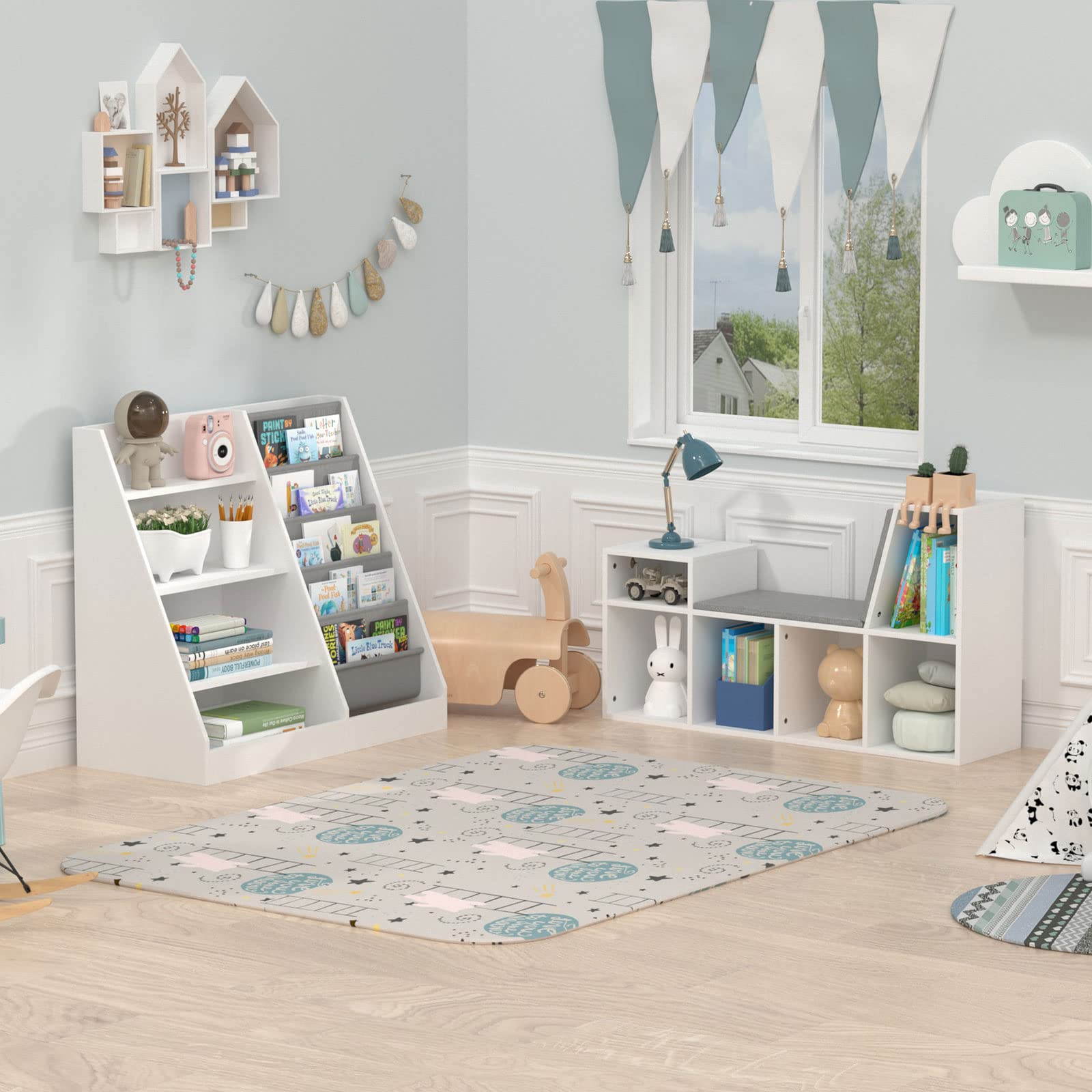Kids Reading Nook with Storage - 6-Cubby Wooden Bookshelf & Bench Seat Organizer for Toddlers & Children - Perfect for Bedrooms, Classrooms & Playrooms (White)