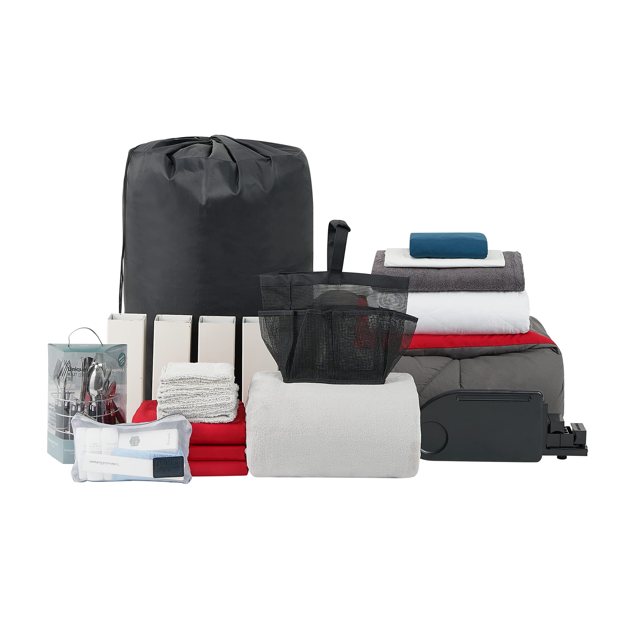 44-Piece Complete College Dorm Essentials Set - Granite Gray & Cherry Red Dorm Room Kit for Students - Perfect for Dorm Organization, Bedding & Bathroom Needs