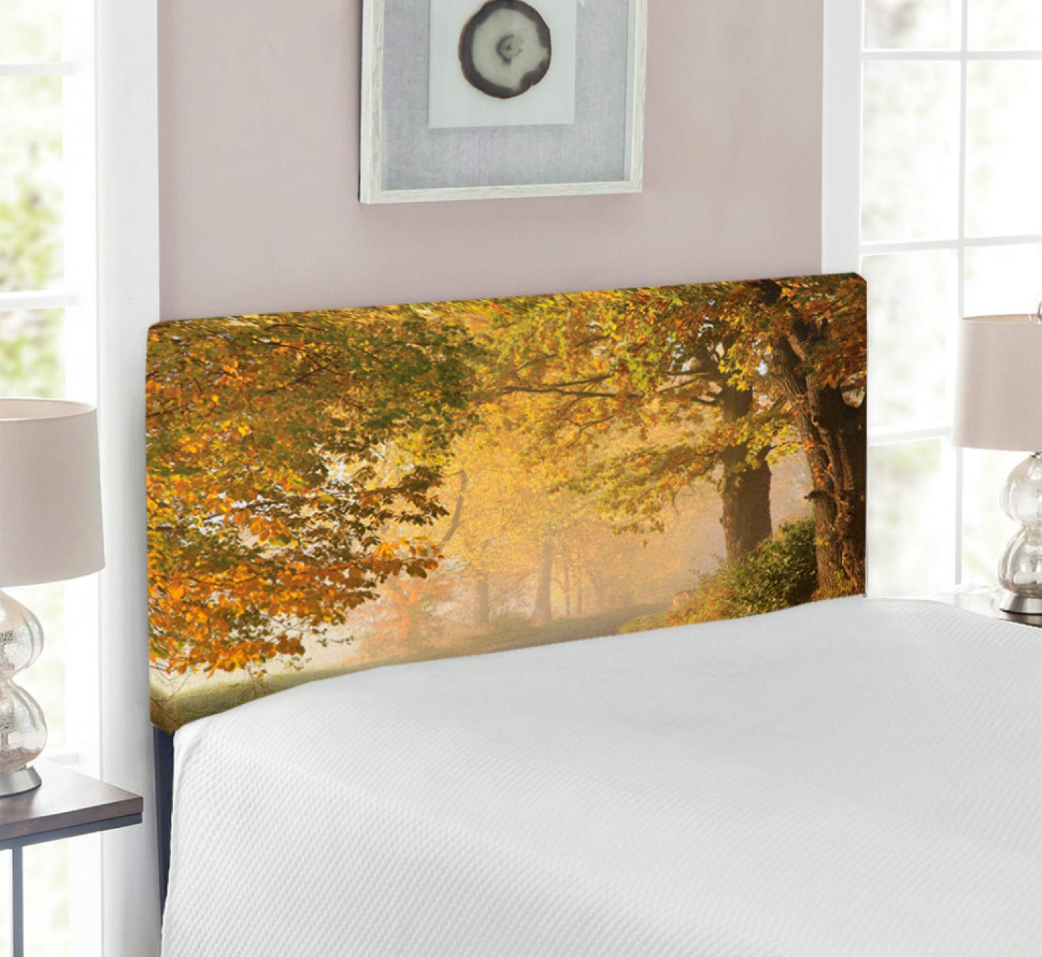 Ambesonne Woodland Headboard - Rustic Countryside Pathway Scenery with Memory Foam, Twin Size Upholstered Metal Bed Frame in Pale Coffee Green | Perfect for Cozy Bedrooms, Guest Rooms & Cabin Retreats