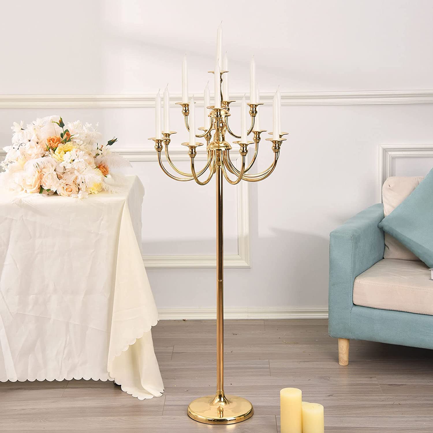 VINCIGANT 48-Inch Gold Candelabra Floor Candle Holder - 13-Arm Tall Metal Candle Stand for Weddings, Parties, Ceremonies, Home Decor - Perfect for Wedding Aisle Decor, Dining Table Centerpiece & Event Lighting