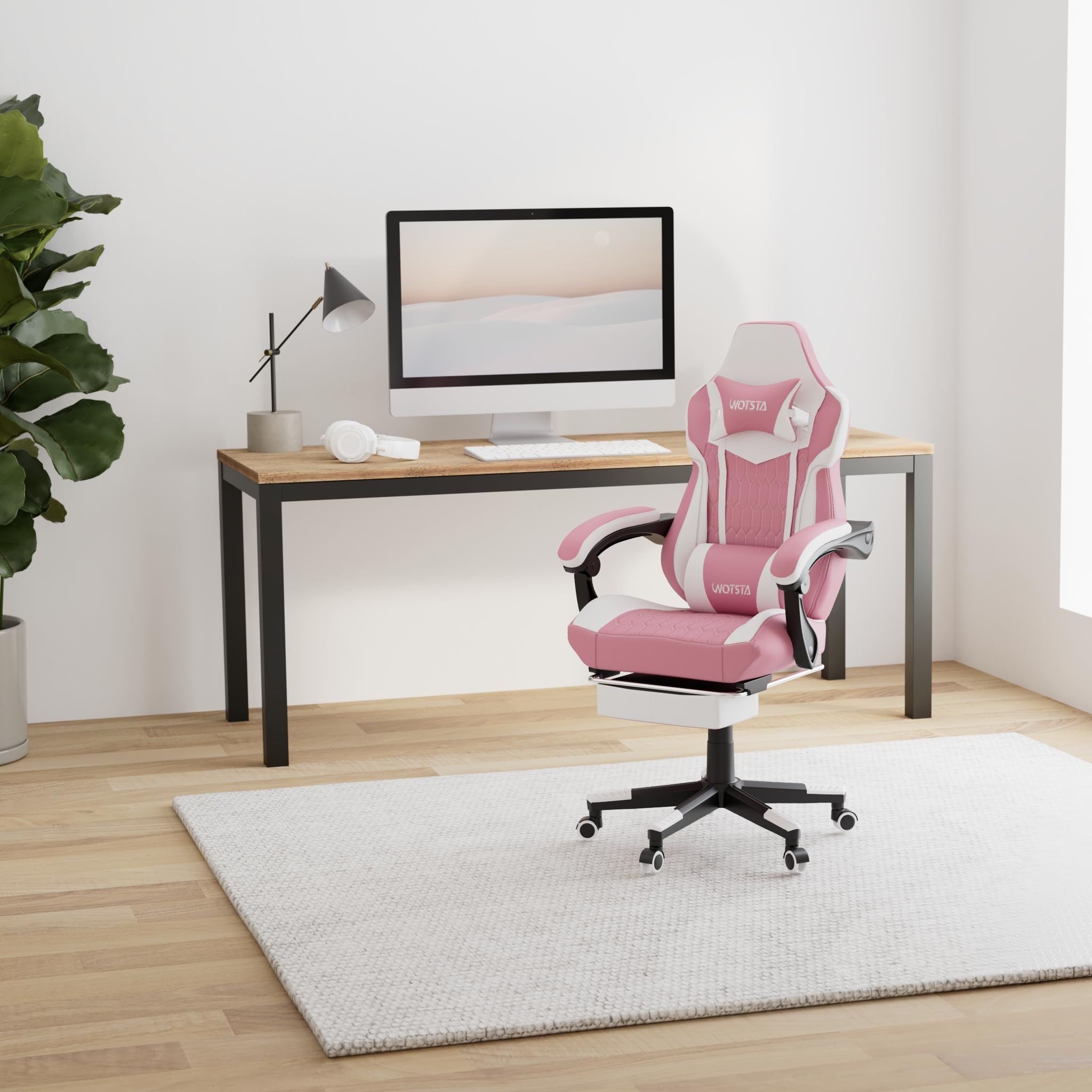 Ergonomic High Back Gaming Chair with Footrest & Adjustable Headrest - Racing Style PVC Leather Gamer Chair with Lumbar Support for Office & Home Use - Perfect for Long Gaming Sessions & Work Comfort (Pink)