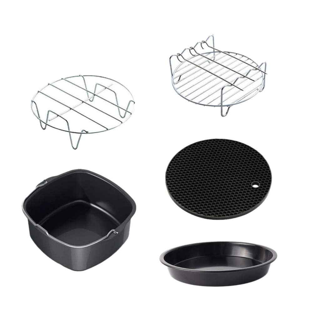 Hemoton 6 Inch Air Fryer Accessories Kit - Non-Stick Barrel Pan, Metal Holder & Multipurpose Rack for Air Fryer, Deep Fryer & Pressure Cooker | Perfect for Baking, Roasting & Frying Chicken Wings, Vegetables & More