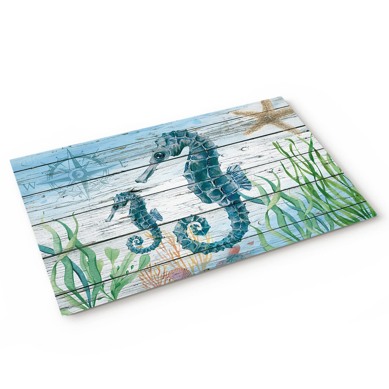 Non-Slip Rubber Welcome Doormat - 18x30in Coastal Blue Beach Themed Outdoor Entry Mat with Nautical Map, Starfish & Seaweed Design | Perfect for Front Door, Patio, Deck & Beach House Entryway