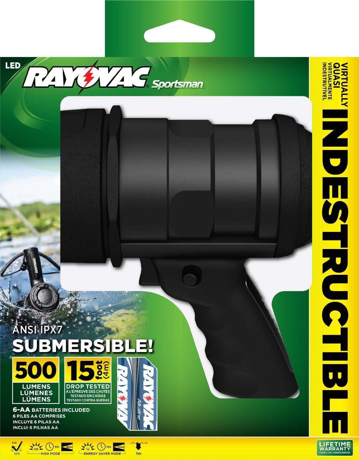 Rayovac Sportsman 500 Lumen LED Spotlight Flashlight - 6AA Battery Powered, Virtually Indestructible, Includes Batteries (OT6AASP-B) - Perfect for Camping, Hunting, Emergency & Outdoor Adventures