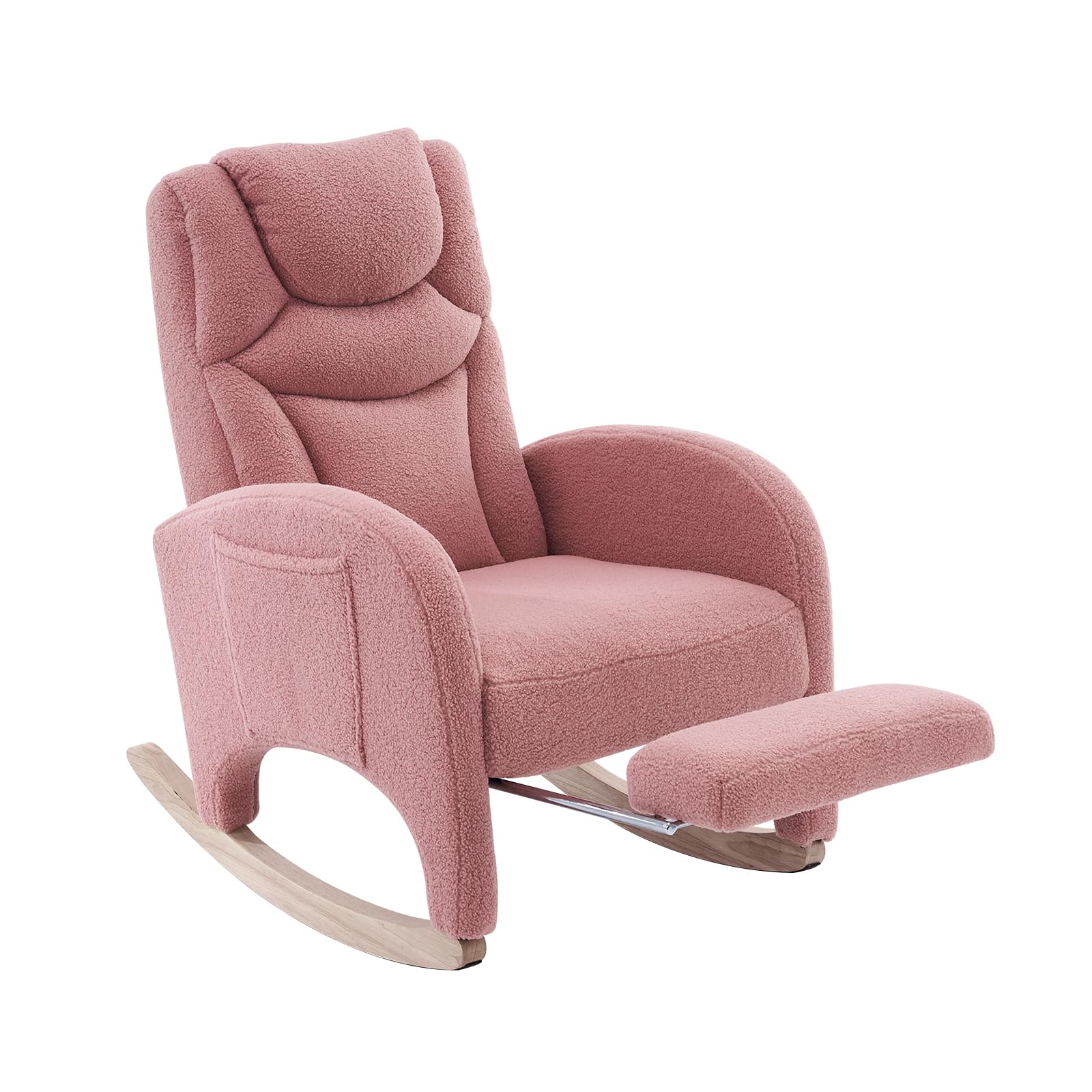 Hommoo Modern Teddy Fabric Rocking Chair with Adjustable Footrest - High Back Nursery Glider Rocker for Mom and Baby, Pink - Perfect for Nursery, Living Room & Bedroom Relaxation