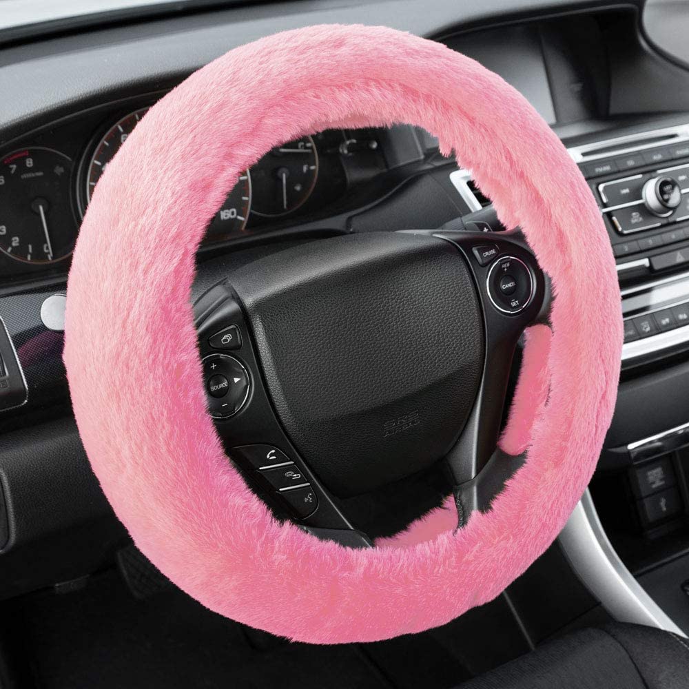 BDK PolyPro Pink Car Seat Covers for Women - 5-Piece Luxury Car Accessories Set with Soft Seat Covers, Plush Floor Mats, Faux Fur Steering Wheel Cover & Sparkling Sunshade | Perfect Gift for Her, Car Interior Upgrade & Daily Commute Protection