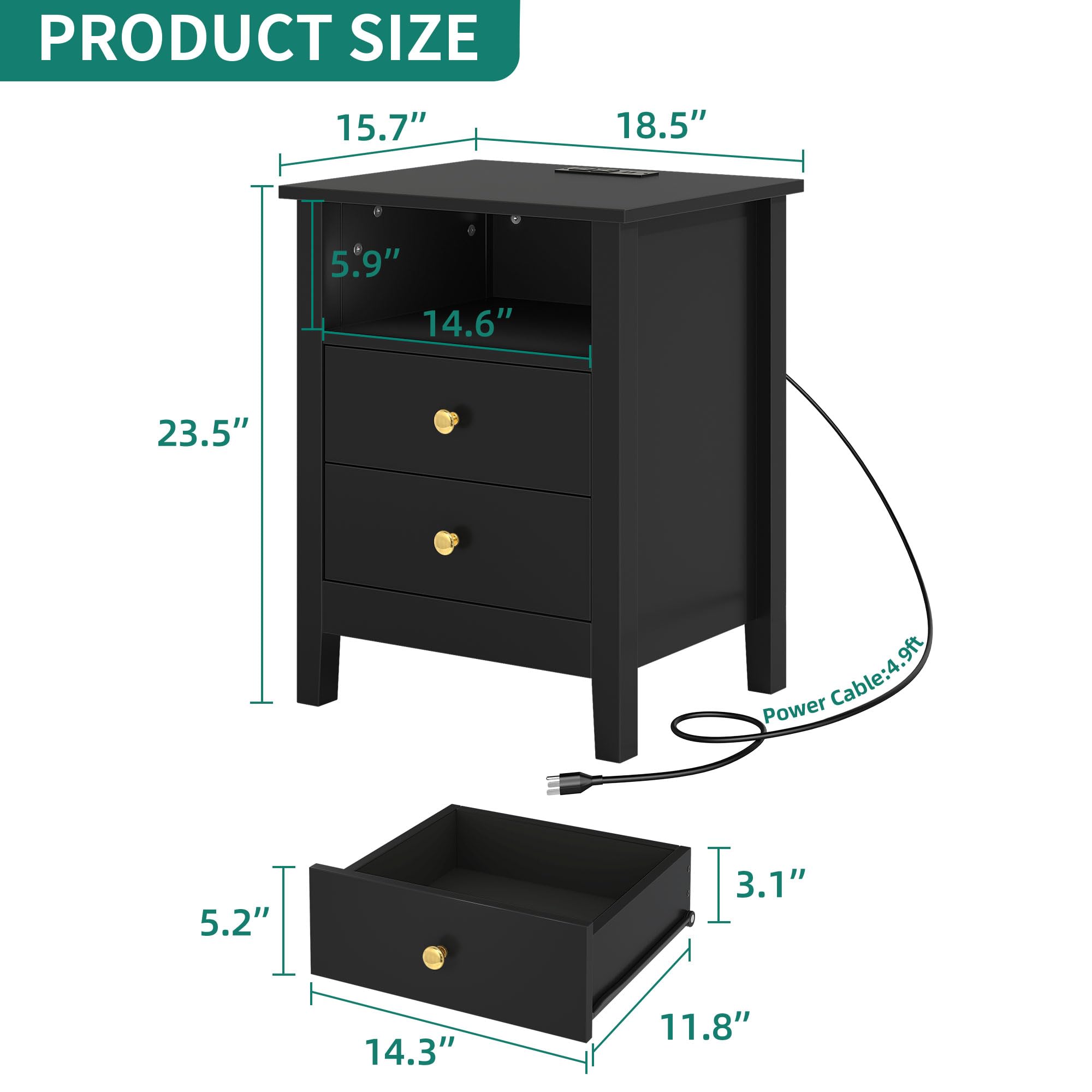 YITAHOME Modern Nightstand with Charging Station - 2 Drawer Bedside Table with USB Ports & Outlets - Set of 2 Black End Tables for Bedroom - Perfect for Small Spaces & Apartment Living