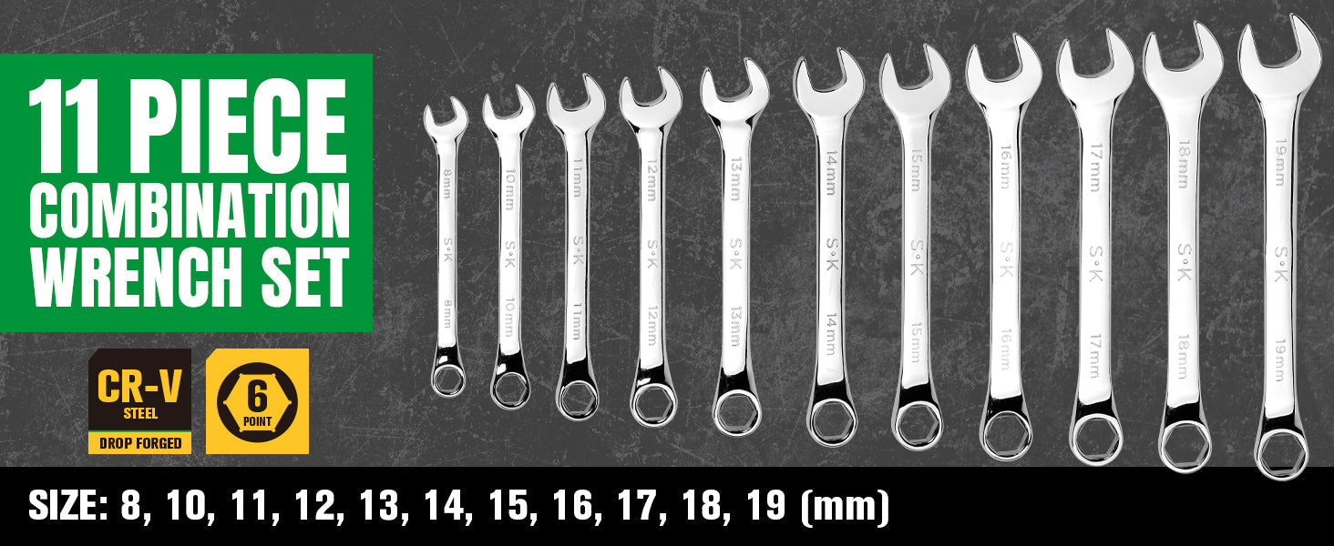 11-Piece 6-Point Metric SuperKrome® Combination Wrench Set - Professional Grade Tools for Automotive Repair, Machinery Maintenance & DIY Projects