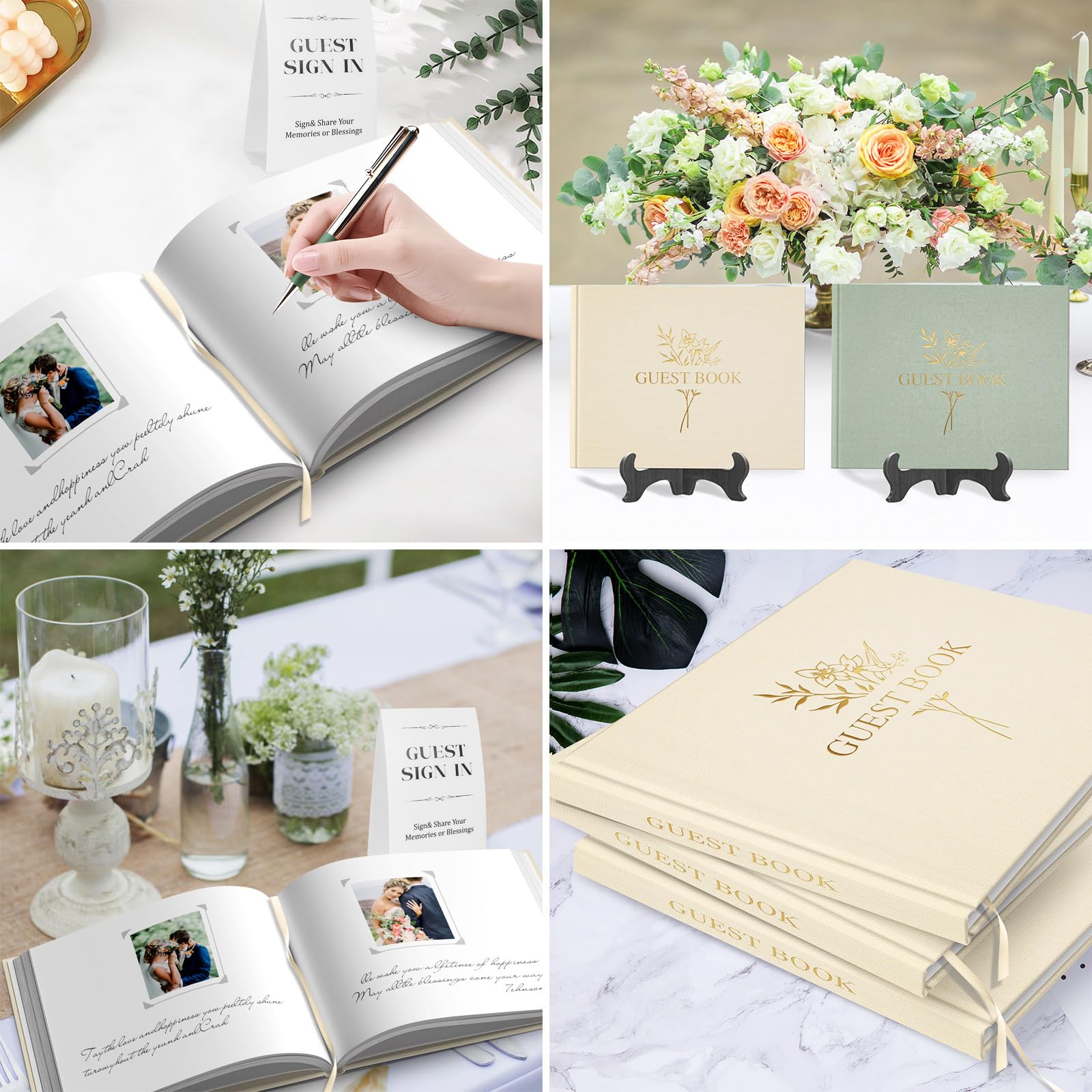 Premium Linen Wedding Guest Book with 216 Photo Corners - 100 Blank Thick Pages for Bridal Shower, Reception & Baby Shower - Elegant Beige Guestbook for Signatures & Photo Memories