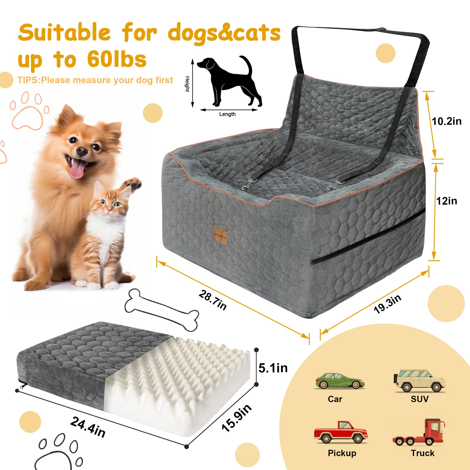 **Washable Dog Car Booster Seat for Medium & Large Dogs Up to 60 lbs – Multi-Functional Pet Travel Cushion with 2 Safety Leashes (Gray) – Perfect for Road Trips, Vet Visits & Daily Car Rides**