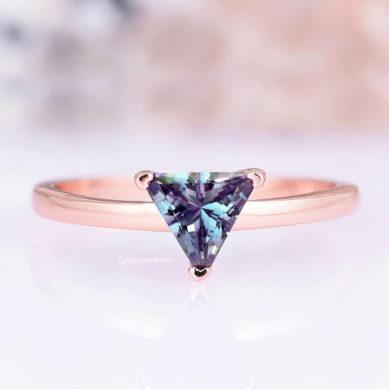 Exquisite Triangle Cut Solitaire Alexandrite Ring in 14K Rose Gold Vermeil - Perfect for Engagement, Anniversary & Special Occasion Jewelry Gifts