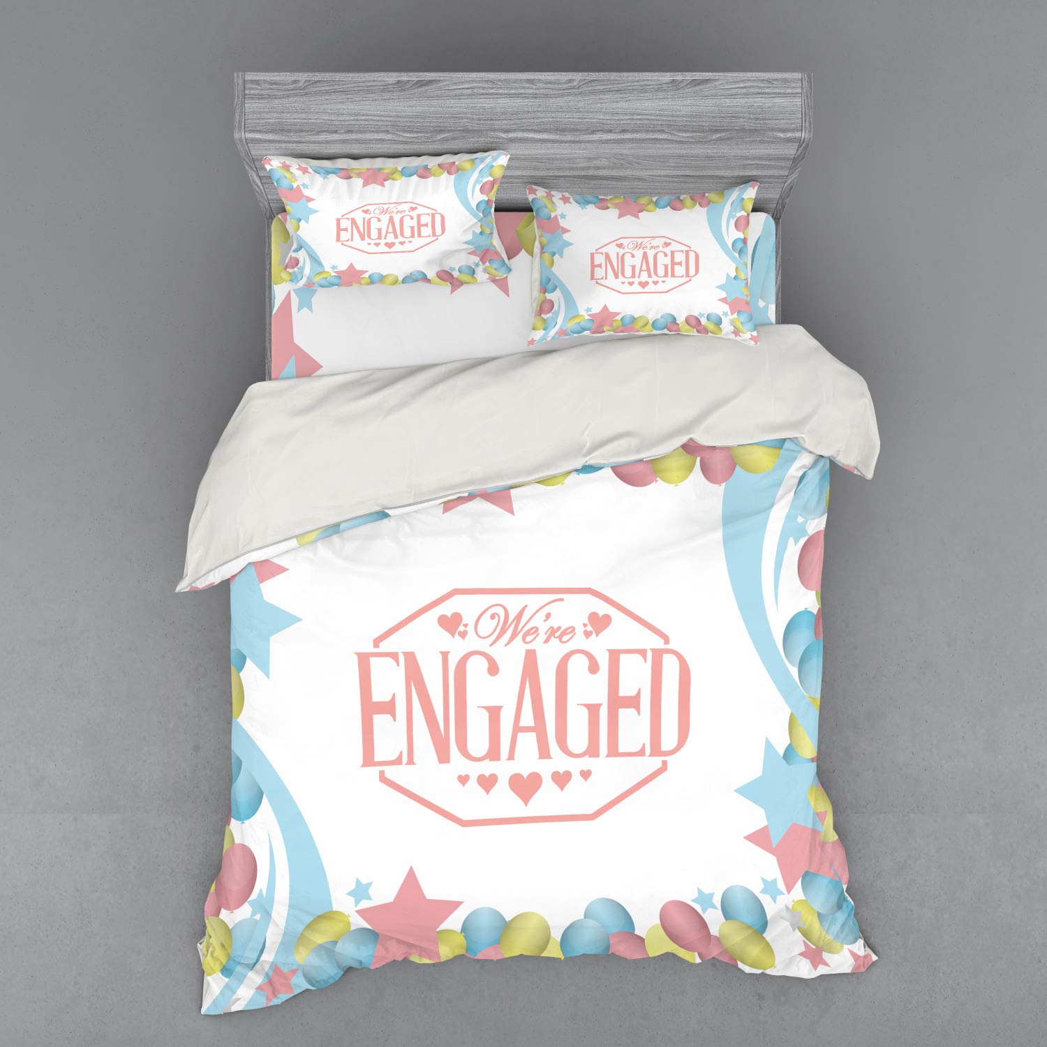 Ambesonne Engagement Party Duvet Cover Set - Vintage Balloons & Stars Design, 4-Piece Queen Size Bedding with Shams & Fitted Sheet in Pink, Blue & Green - Perfect for Engagement Celebrations, Bridal Showers & Romantic Bedroom Decor