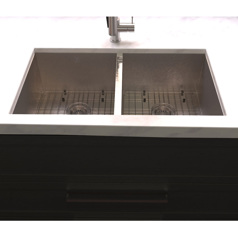 ZLINE 33-Inch Anton Undermount Double Bowl Kitchen Sink - Satin Stainless Steel with Bottom Grid (SR50D 33S) | Perfect for Modern Kitchens, Restaurant Prep & Heavy-Duty Use