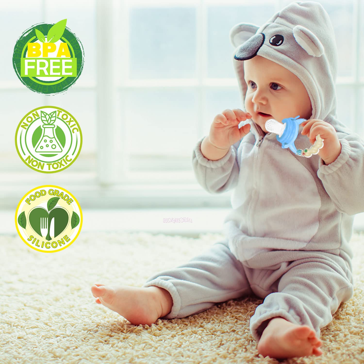 Bembika Baby Nibbler Ring - Blue Silicone Pacifier & Food Feeder for 6-9 Month Old Infants - Safe Teething Toy & Fruit Feeder for Easy Baby Feeding at Home or Travel