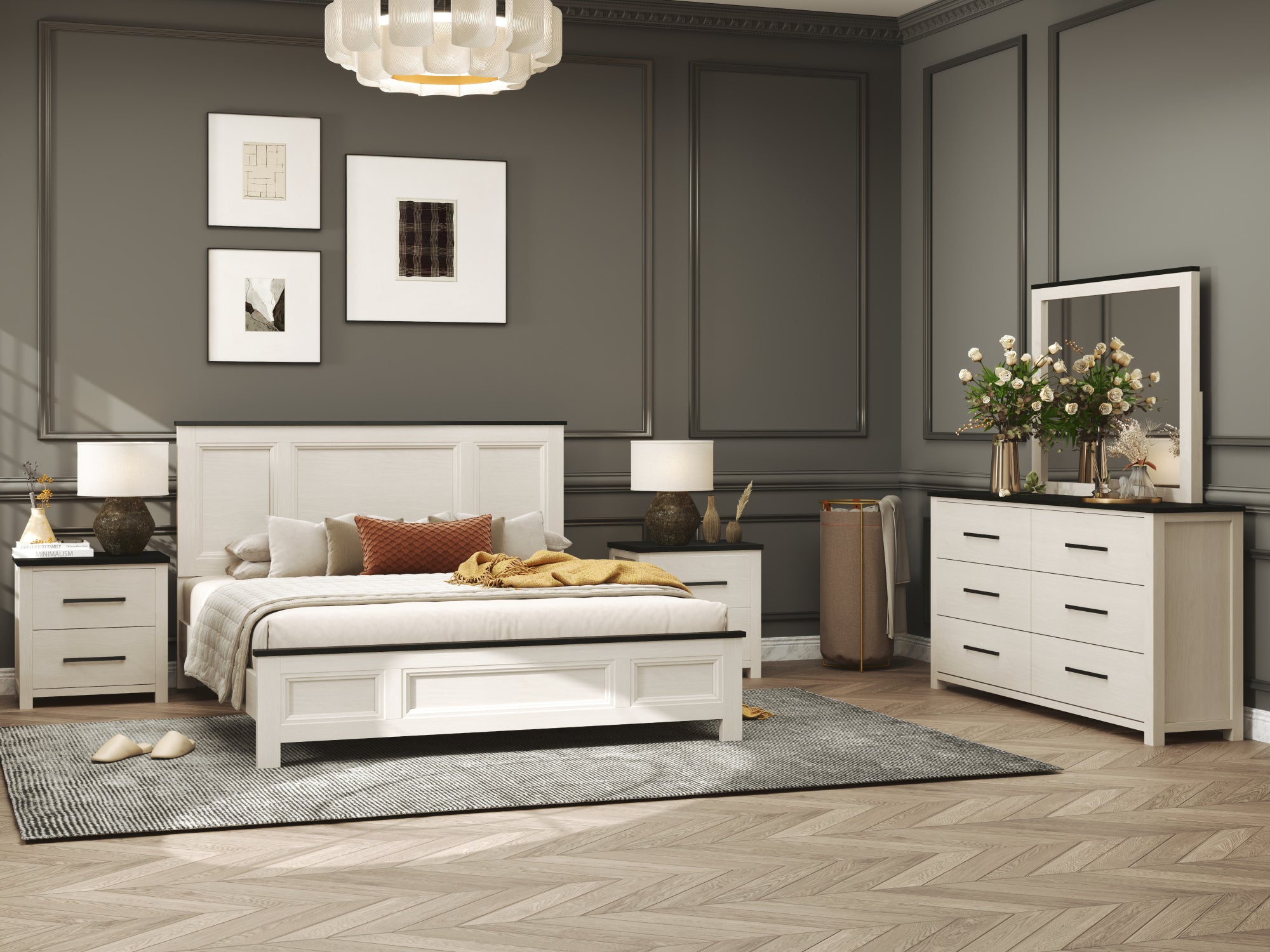 Roundhill Furniture Realynn Wood Bedroom Collection - Queen Size Bed Frame, Nightstand & Dresser Set in Off White Finish | Modern Farmhouse Style for Master Bedroom & Guest Room Decor