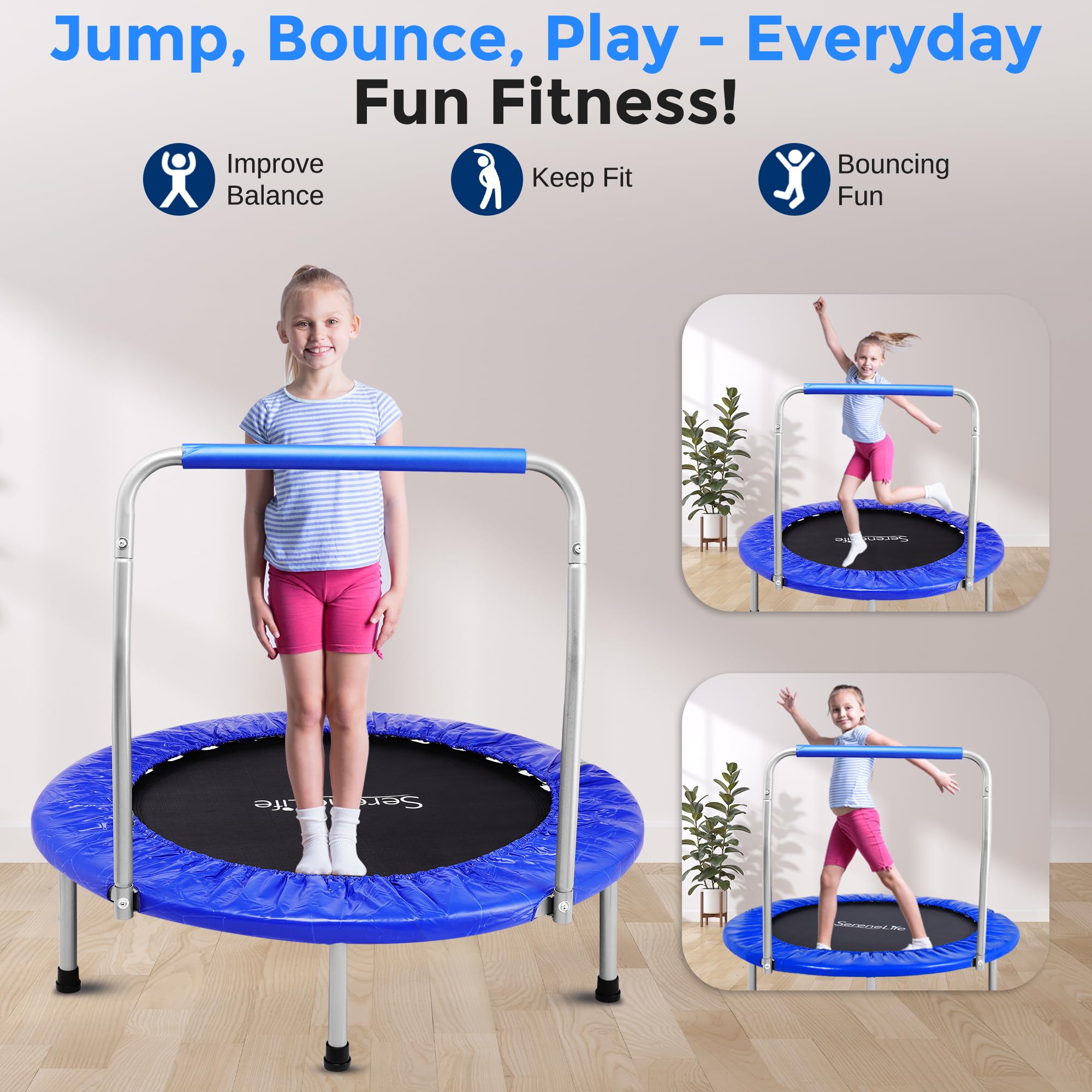 SereneLife 36/40 Inch Foldable Mini Trampoline for Kids & Adults - Compact Fitness Rebounder with Foam Handle, Indoor/Outdoor Exercise Equipment (Max Load 150-220 lbs) - Perfect for Home Workouts, Backyard Fitness & Family Fun
