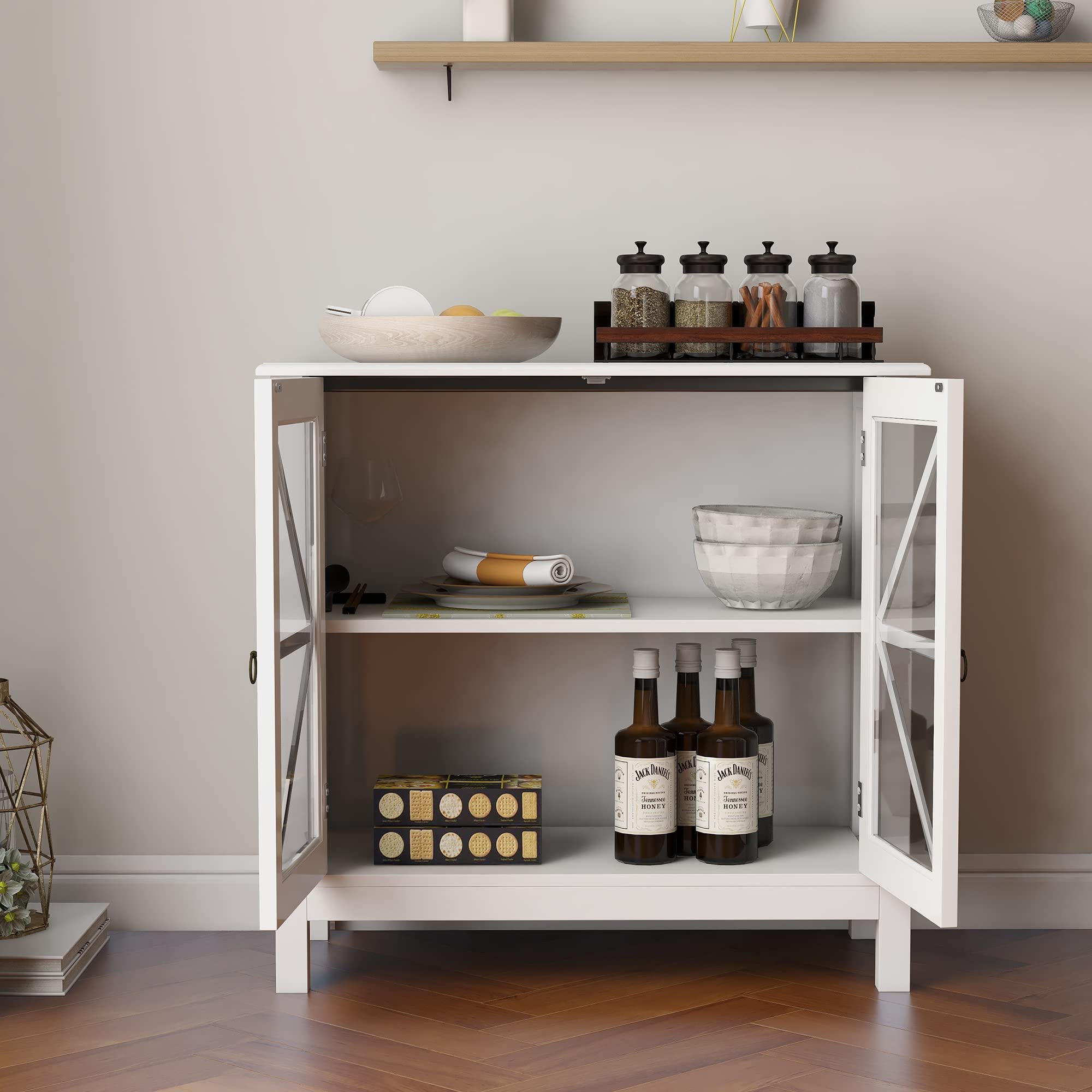 White Accent Storage Cabinet with Glass Doors - Small Buffet Sideboard for Kitchen & Dining Room - Entryway Console Cabinet - Perfect for Home Decor & Storage Solutions