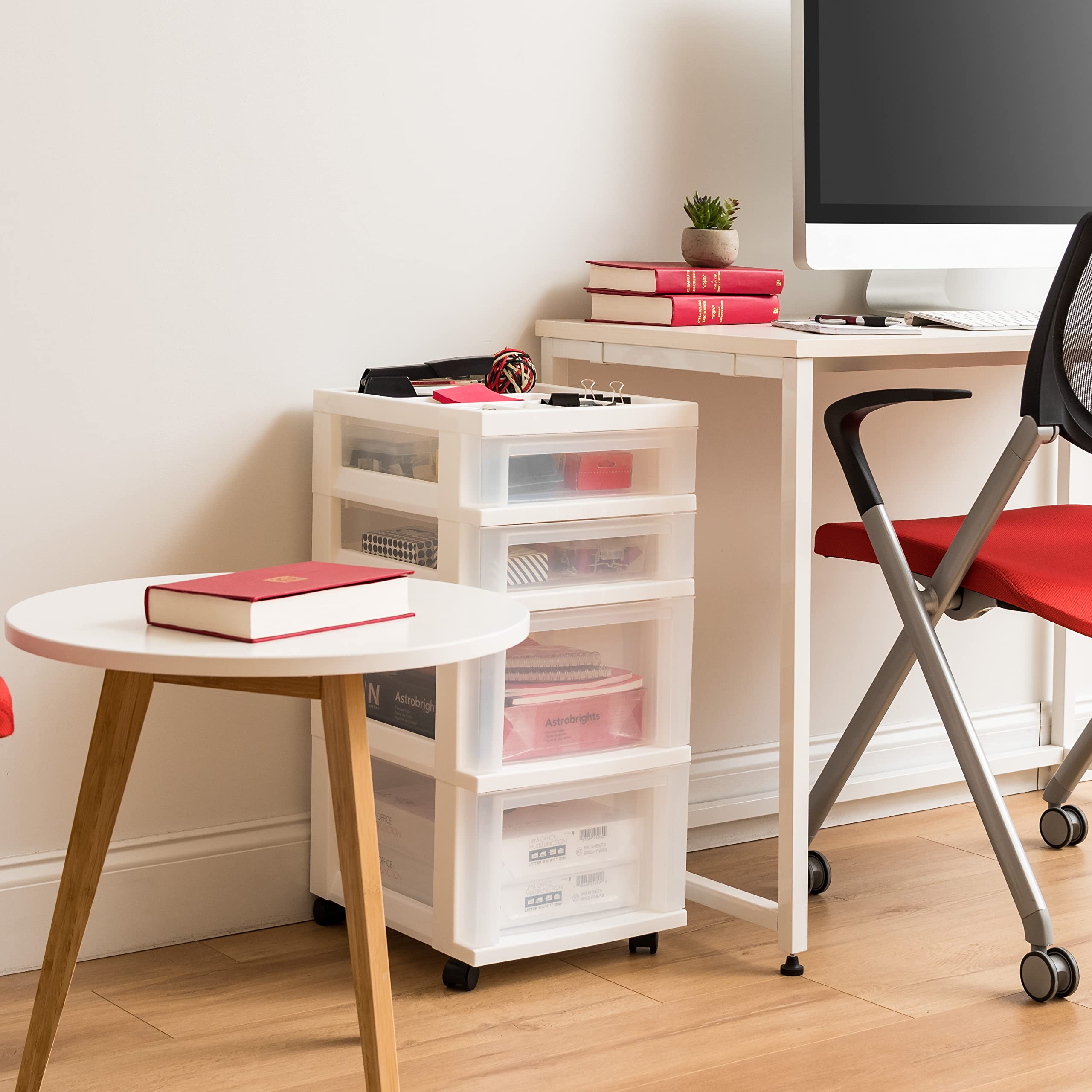 IRIS USA 4-Drawer Plastic Storage Organizer Rolling Cart with Wheels - White/Clear | Perfect for Classroom, Craft Supplies, Bathroom, Dorm & Laundry Room Organization