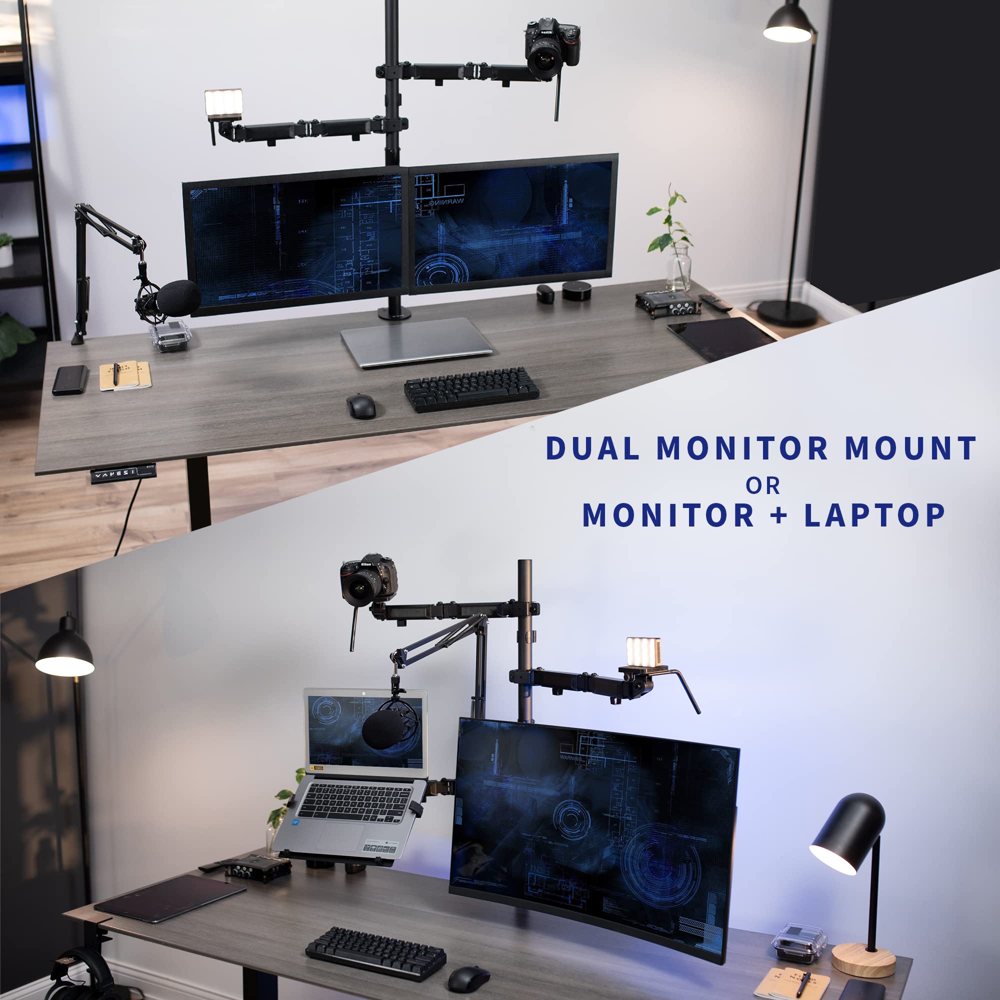 VIVO All-in-One Computer Studio Desk Mount with Mic Boom, Dual Monitor Stand for 32 inch Screens, Laptop Holder & Livestream Arms - Compatible with Cameras, Lights, Phone/Tablet Adapters (STAND-LIVE2L) - Perfect for Home Office, Gaming Setup & Content Creation Studio