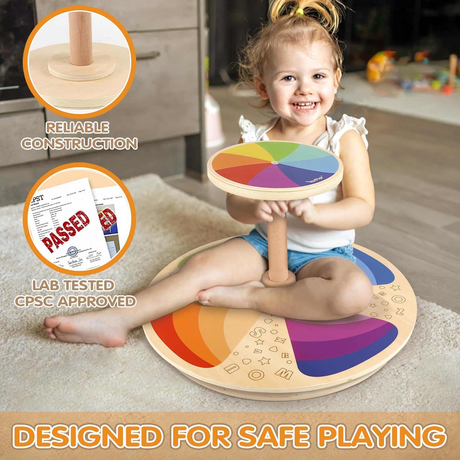 Wooden Sit and Spin Toy for Toddlers Age 2-5 | Classic Spinning Activity Toy for Early Childhood Development | Indoor & Outdoor Play, Birthday Gift for Boys & Girls