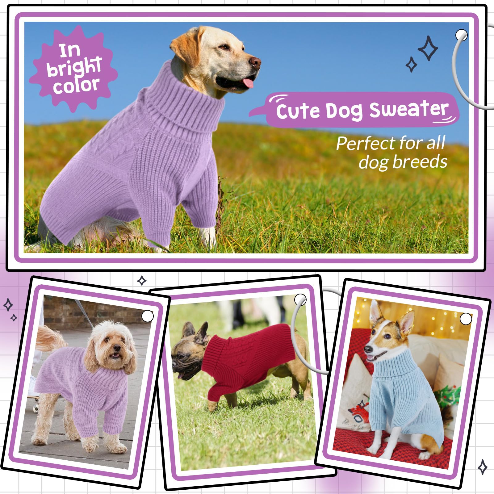 Queenmore Dog Sweater - Warm Winter Knit Puppy Sweater for Small Medium Large Dogs - Cozy Turtleneck Long Sleeve Dog Clothes for Boys & Girls - Christmas Holiday Pet Outfit (Lilac) - Perfect for Cold Weather Walks, Indoor Comfort & Festive Photos