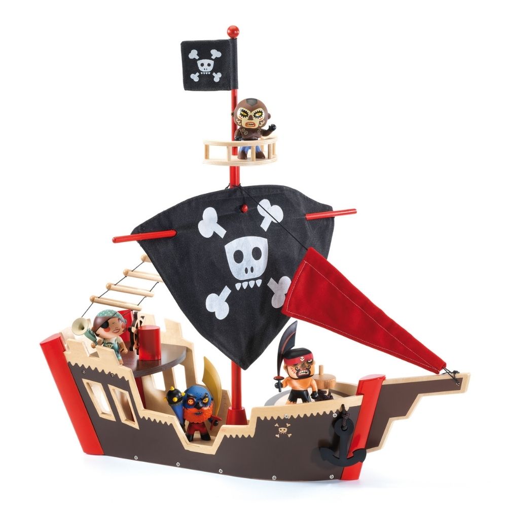 Djeco Arty Toys Ze Pirat Boat - Creative Wooden Pirate Ship Toy for Kids Ages 3+ | Pretend Play, Imaginative Storytelling & Decorative Nursery Display