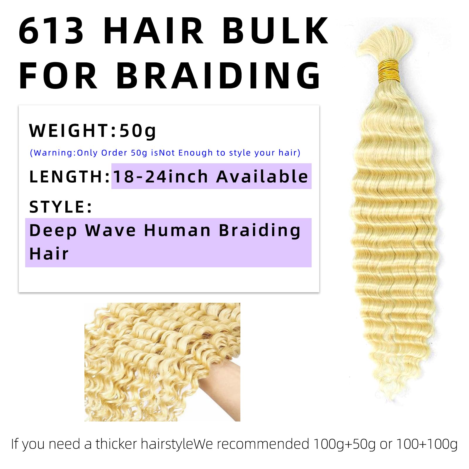 16A 613 Blonde 20 Inch Deep Wave Human Hair Extensions - 5 Bundles Brazilian Virgin Water Curly Hair for Braiding (250g) | No Weft Bulk Hair for Boho Braids, Box Braids & Protective Styles | Perfect for Salon, Wedding & Everyday Wear