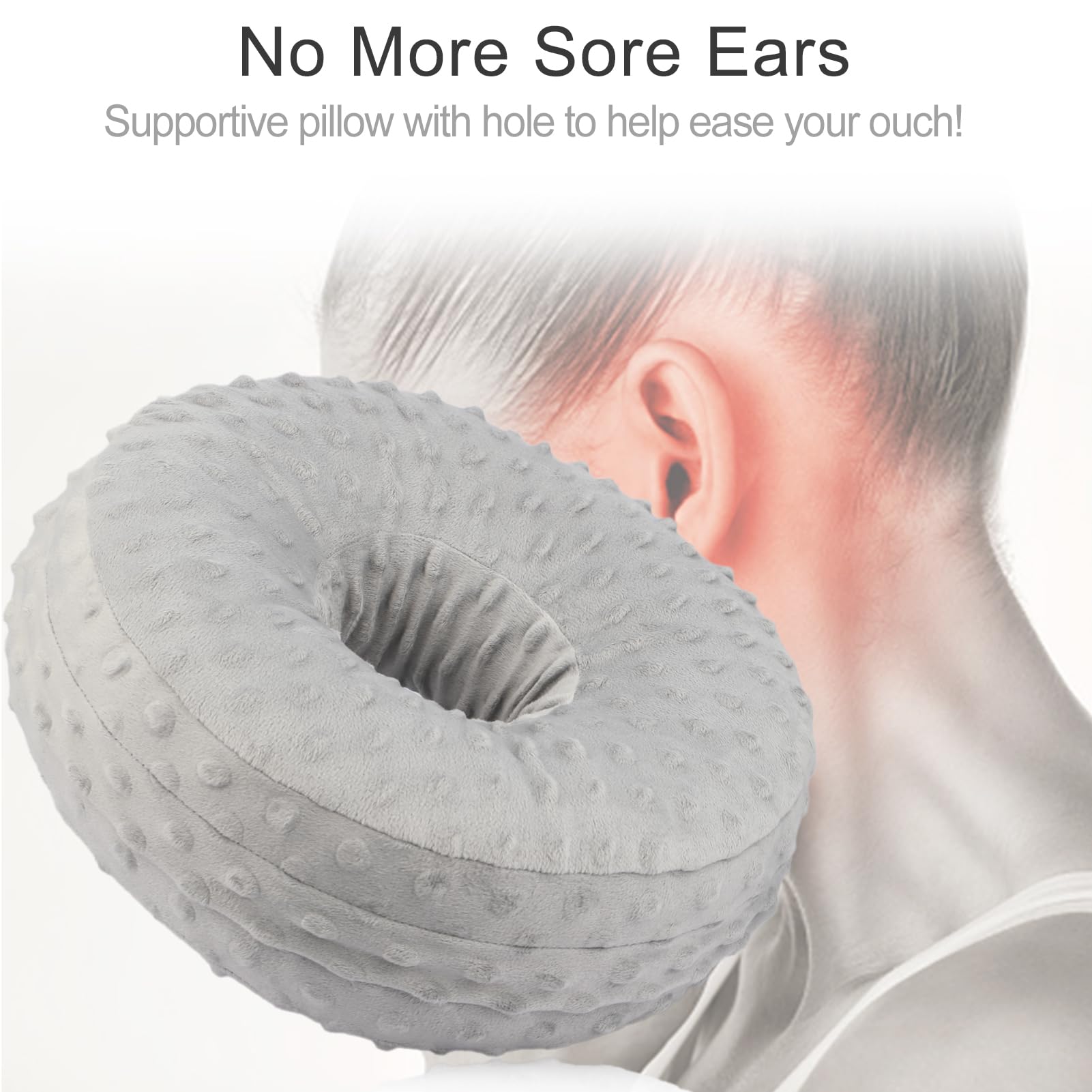 Ear Piercing Pillow for Side Sleepers - Soft Minky Dot Donut Pillow with Washable Cover for Ear Pain Relief & Pressure Sores Prevention - Light Gray - Perfect for Post-Piercing Care, Tummy Time & Comfortable Sleeping