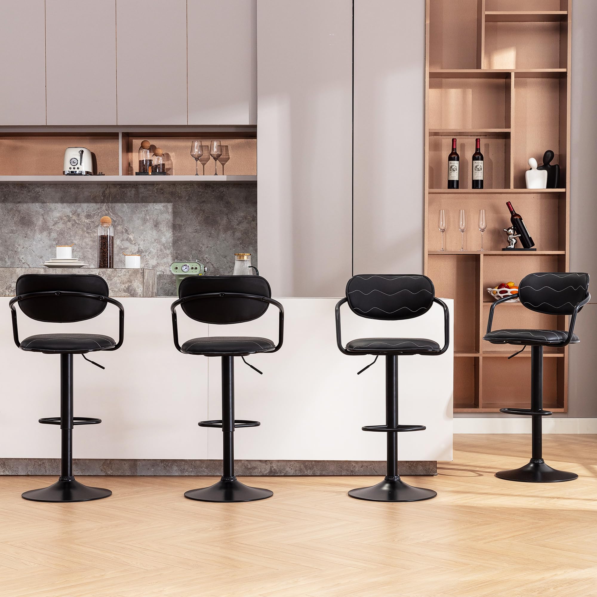 VECELO 2-Pack Adjustable Swivel Bar Stools with Back & Arm - PU Leather Counter Height Bar Chairs for Kitchen Island, Pub, Dining & Living Room - Black - Perfect for Entertaining & Home Decor