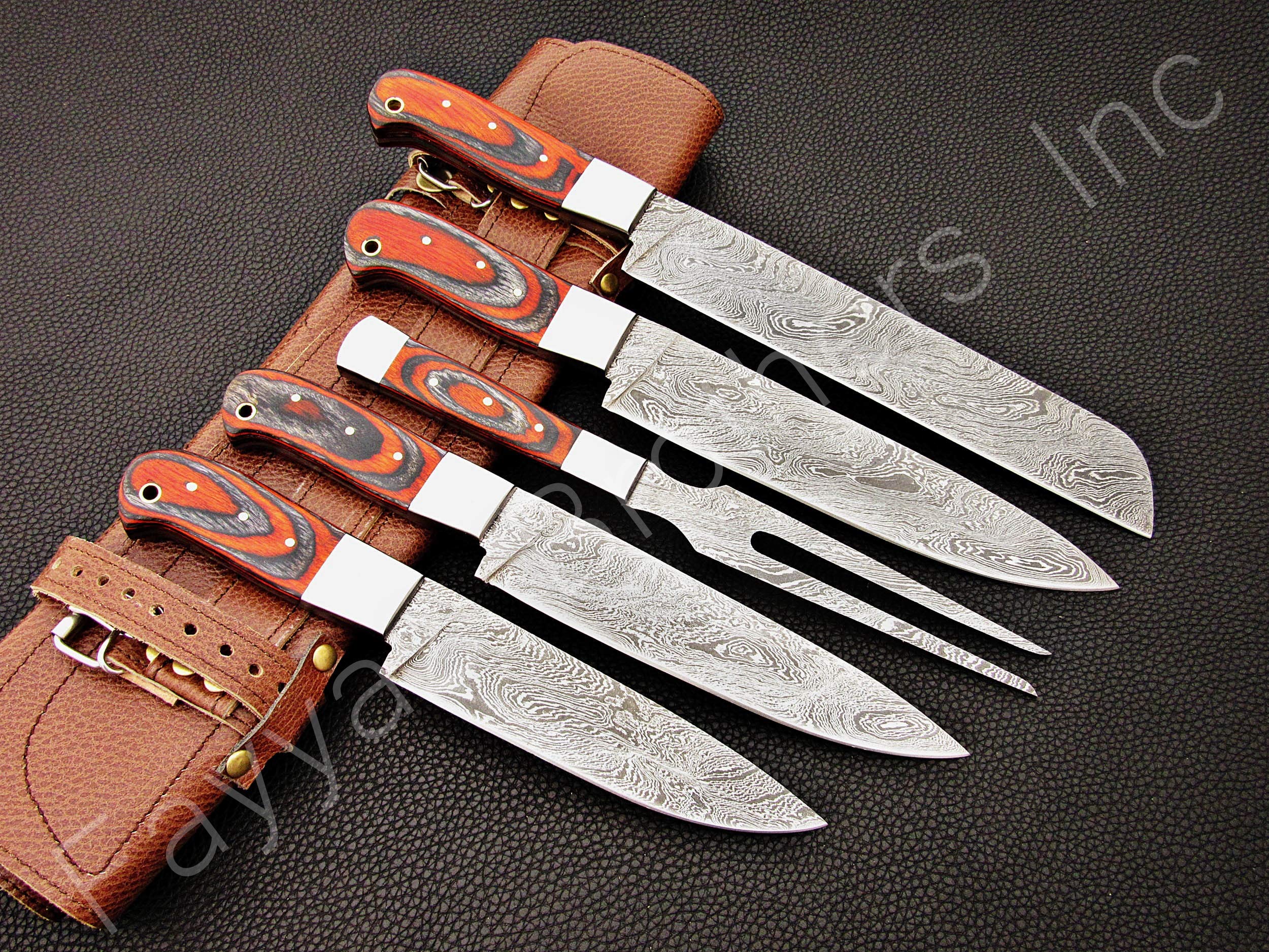 Premium Handmade Damascus Steel Kitchen Knives Set - 5-Piece Chef Knife Collection with Black & Red Wood Handle (FBK-1080) - Perfect for Professional Chefs, Home Cooking & Gourmet Gift Giving