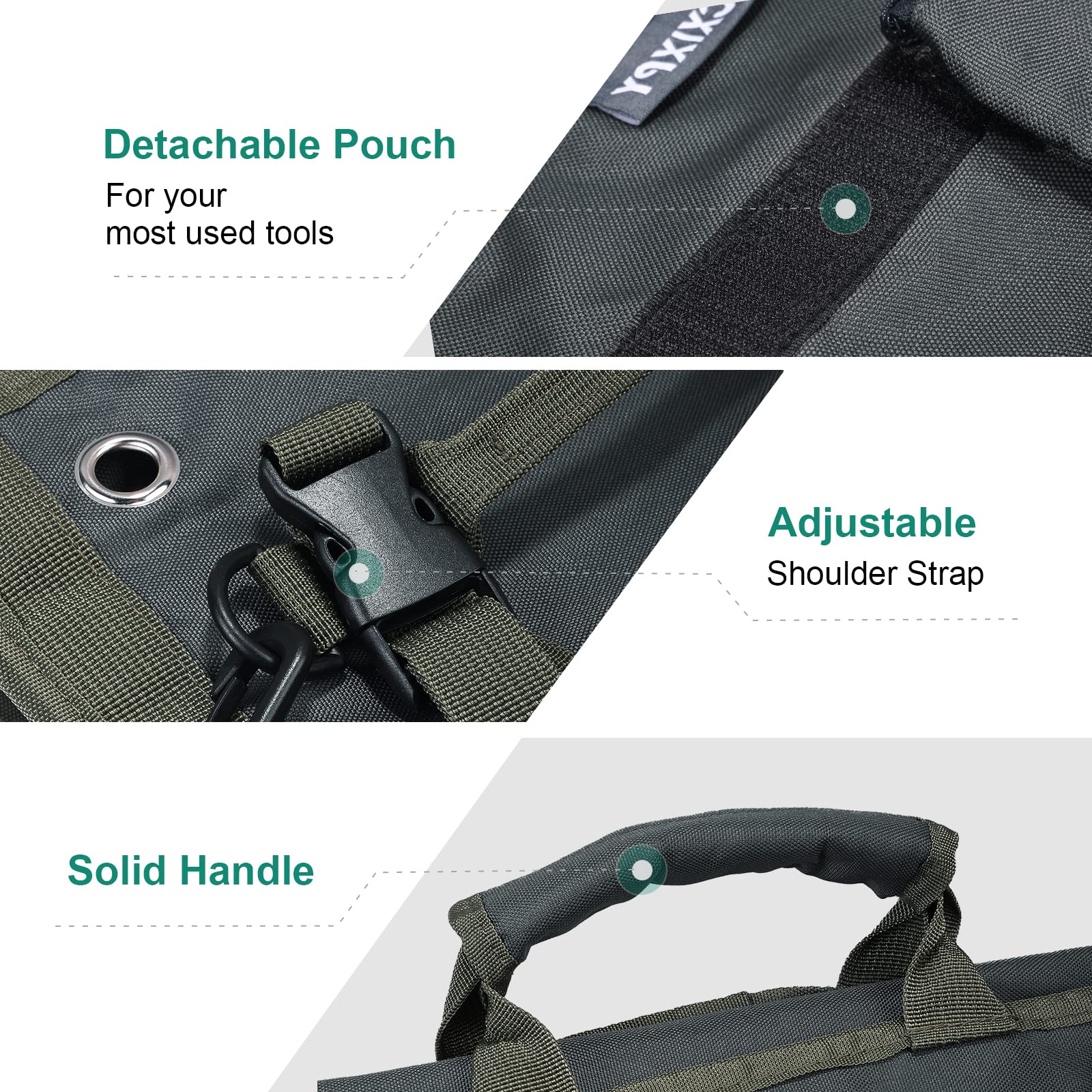 Heavy Duty Roll Up Tool Bag Organizer with Detachable Pouches - Adjustable Shoulder Strap Tool Roll Pouch for Mechanics, Electricians, Motorcycle & Truck Repair - Perfect for Workshop, Garage & On-the-Go Tool Storage