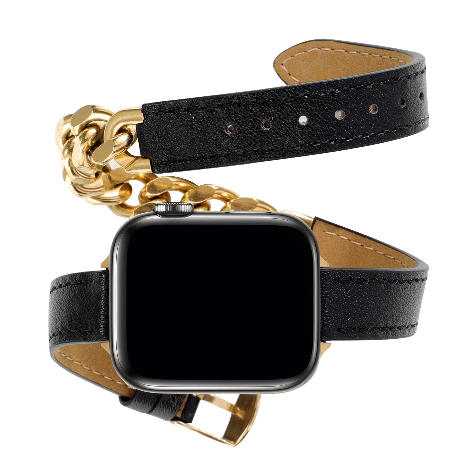 Premium Stainless Steel Leather Band for Apple Watch Series 9/8/7/6/5/4/3/2/SE/Ultra - 49mm 45mm 44mm 42mm 41mm 40mm 38mm Sizes - Cowboy Cuban Chain Bracelet for Men & Women - Perfect for Workouts, Office Wear & Casual Fashion